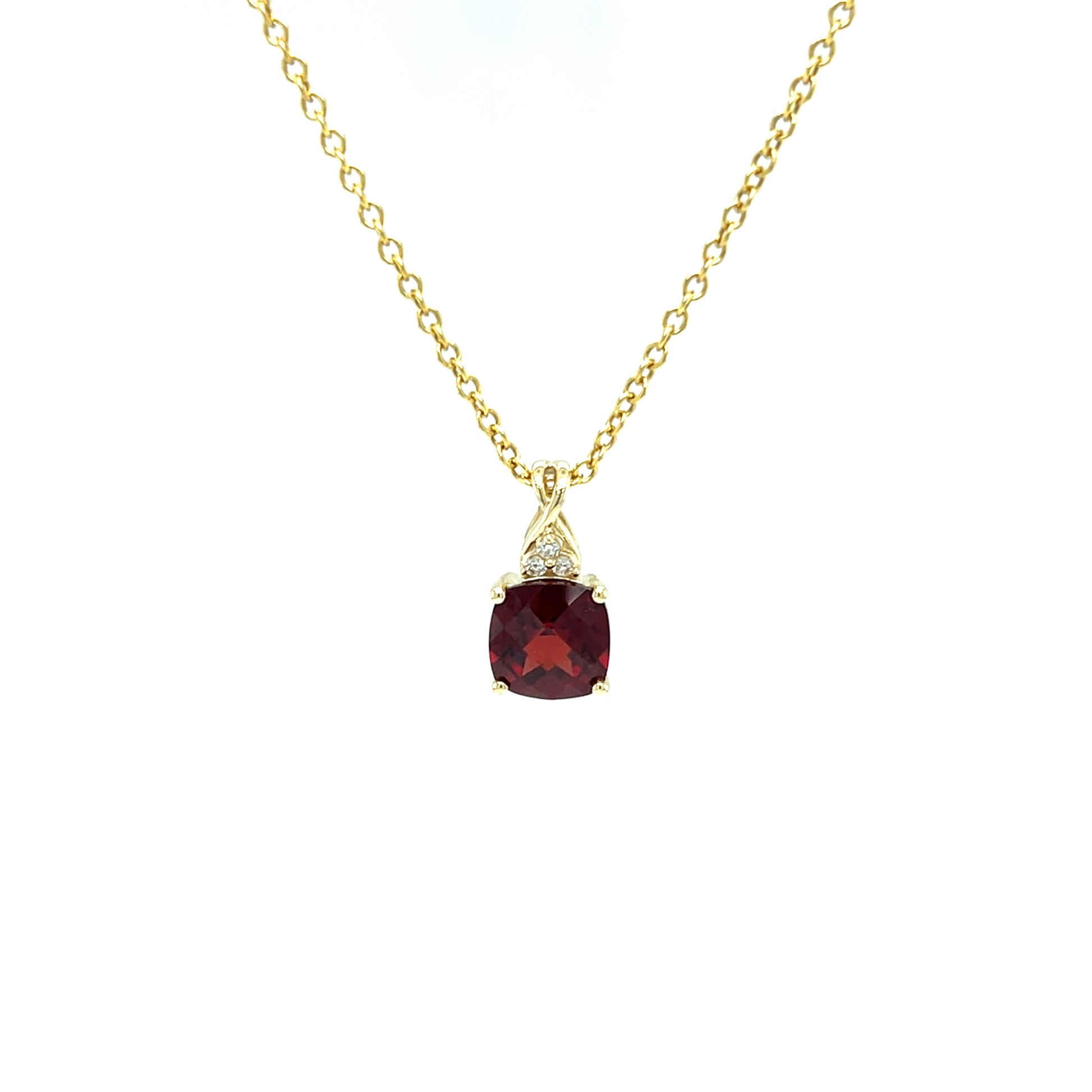 Checkerboard Garnet Pendant with Diamond Accents in 10K Yellow Gold. Pendant and Chain Front View.