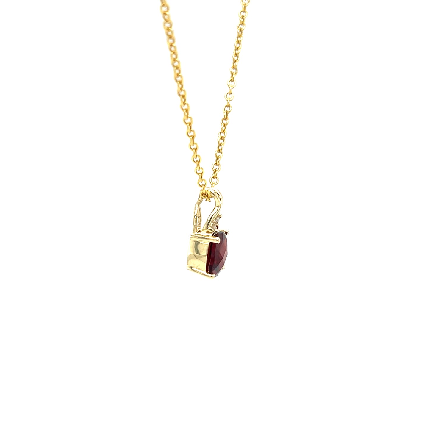 Checkerboard Garnet Pendant with Diamond Accents in 10K Yellow Gold. Pendant and Chain Left Side View.