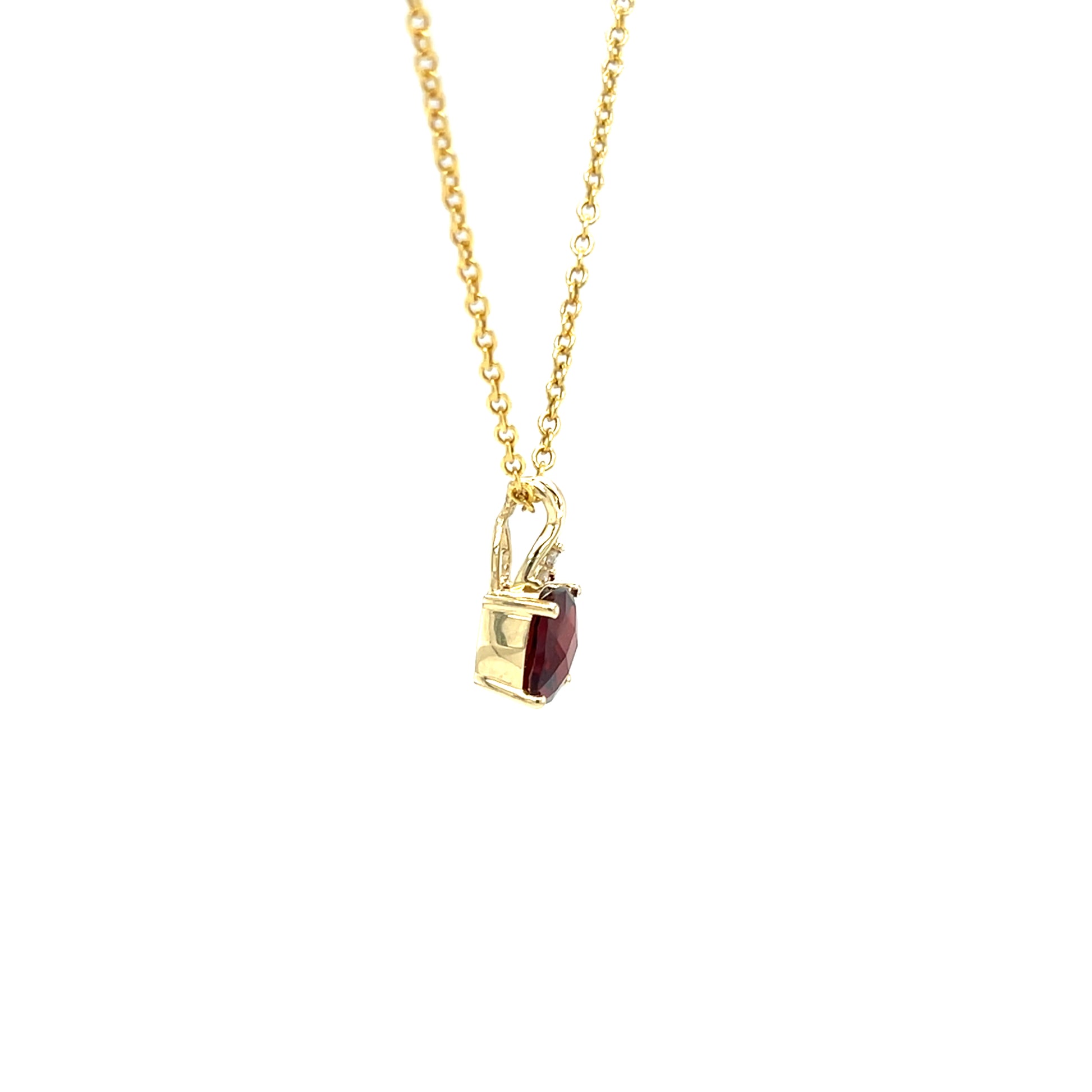 Checkerboard Garnet Pendant with Diamond Accents in 10K Yellow Gold. Pendant and Chain Left Side View.
