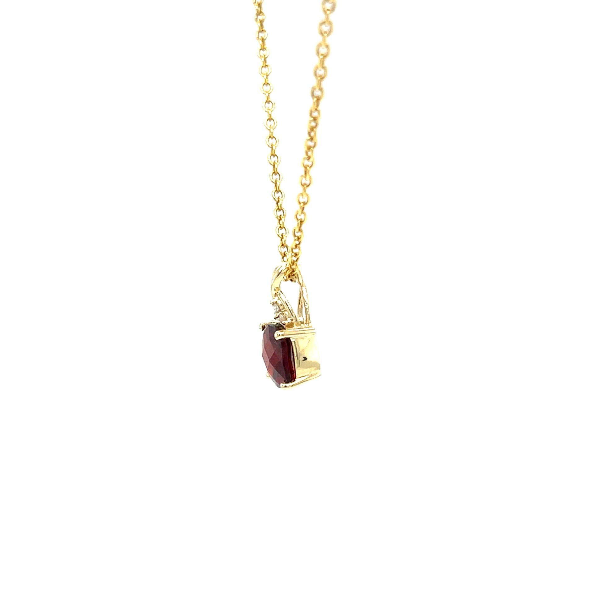 Checkerboard Garnet Pendant with Diamond Accents in 10K Yellow Gold. Pendant and Chain Right Side View.