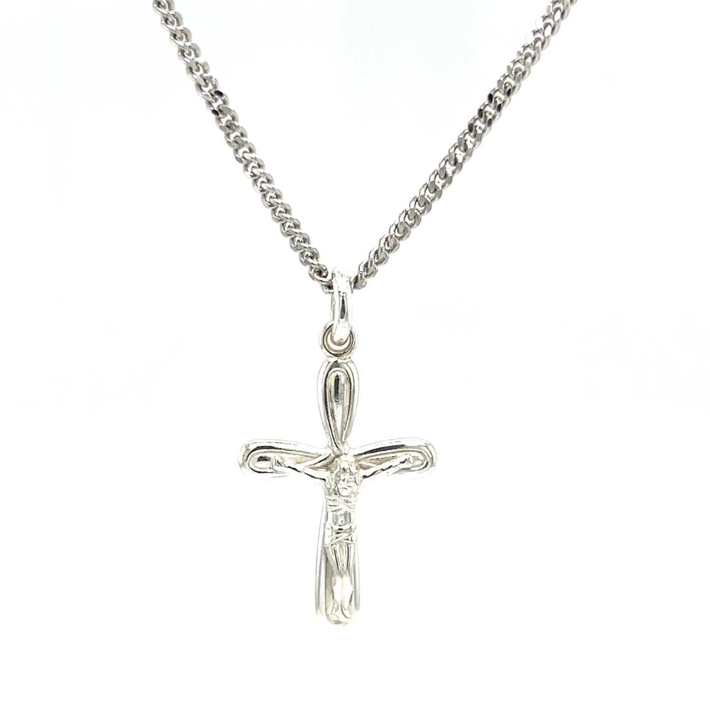 Crucifix Necklace with 2mm Curb Chain in Sterling Silver. Front View.