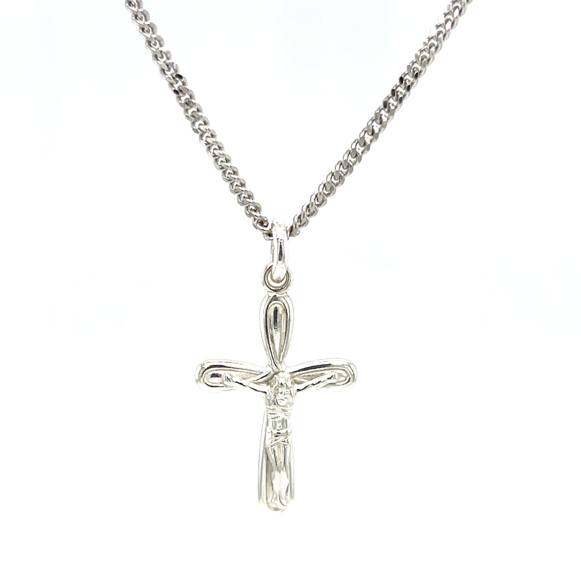 Crucifix Necklace with 2mm Curb Chain in Sterling Silver. Front View.