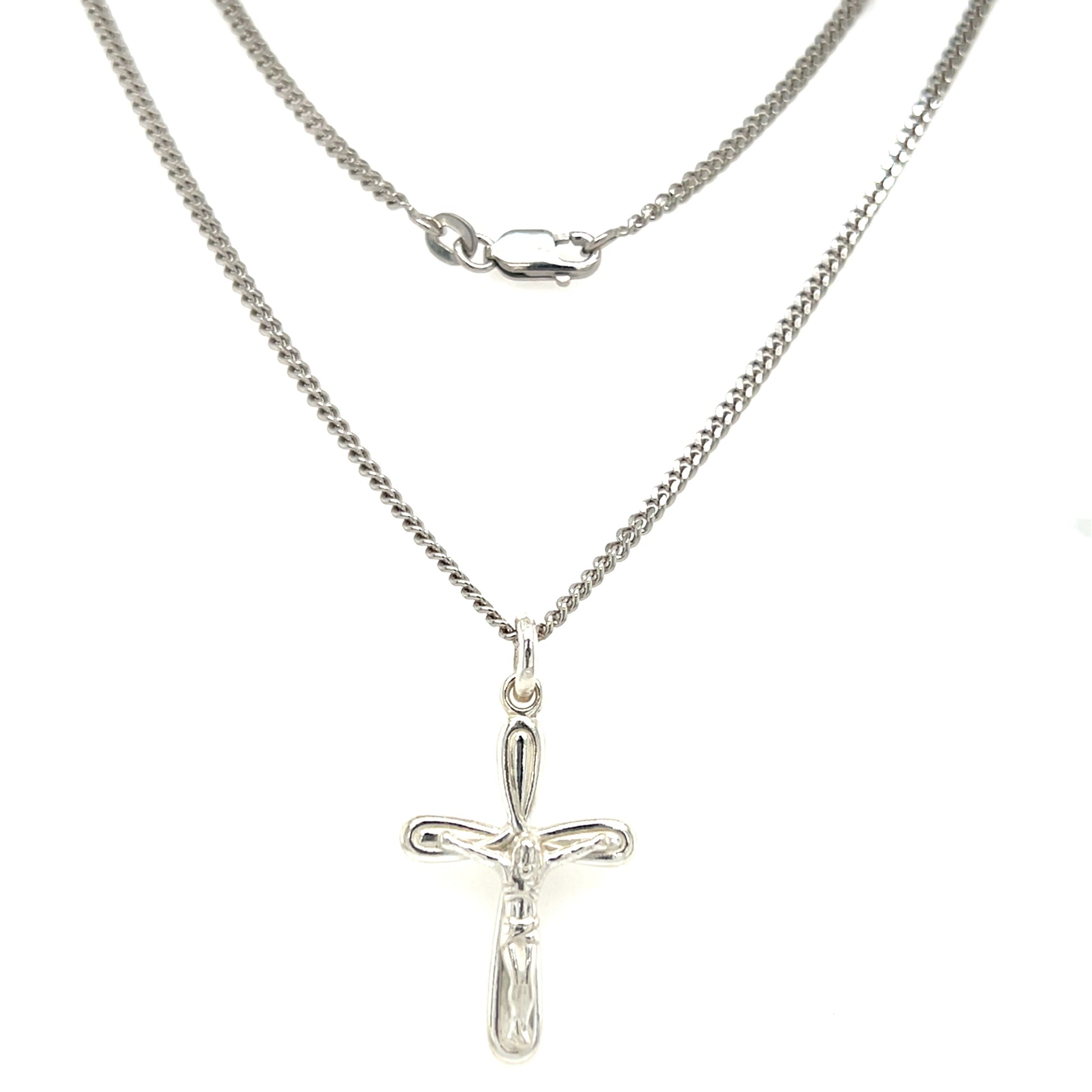 Crucifix Necklace with 2mm Curb Chain in Sterling Silver. Full Necklace View.