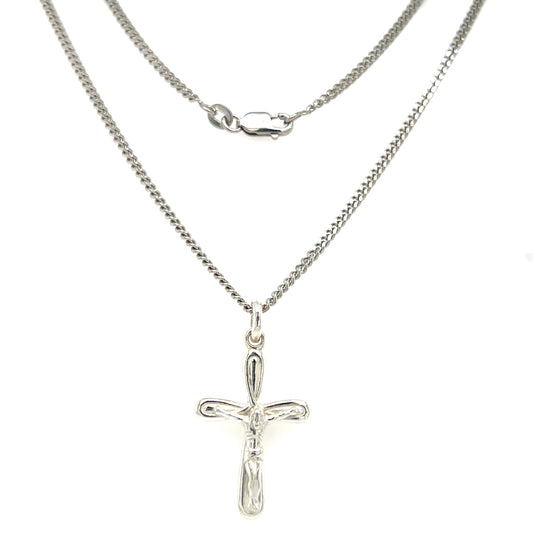 Crucifix Necklace with 2mm Curb Chain in Sterling Silver. Full Necklace View.