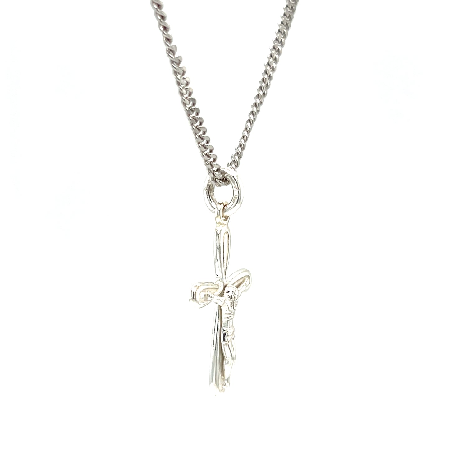 Crucifix Necklace with 2mm Curb Chain in Sterling Silver. Left Side View.