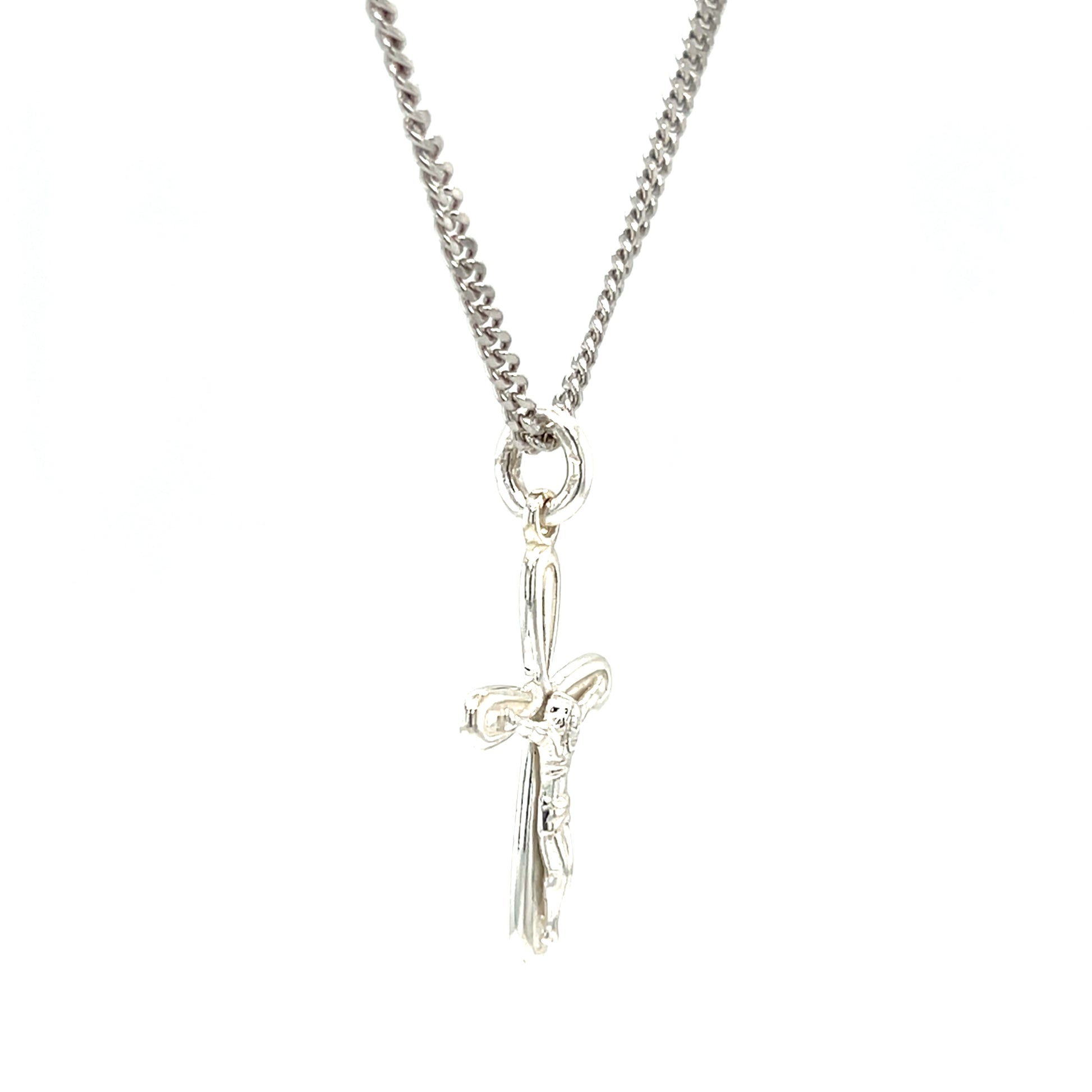 Crucifix Necklace with 2mm Curb Chain in Sterling Silver. Left Side View.