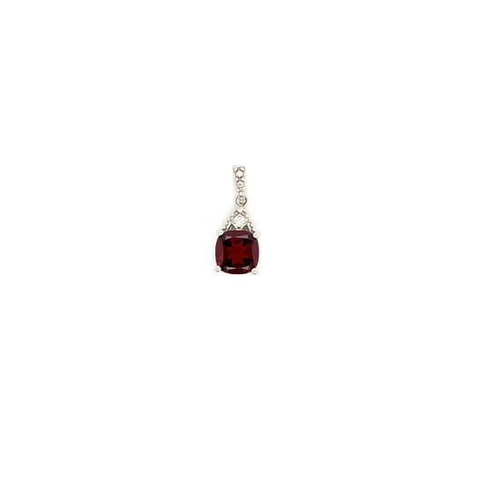 Cushion Garnet Pendant with Diamond Accent in Sterling Silver. Pendant Front View.