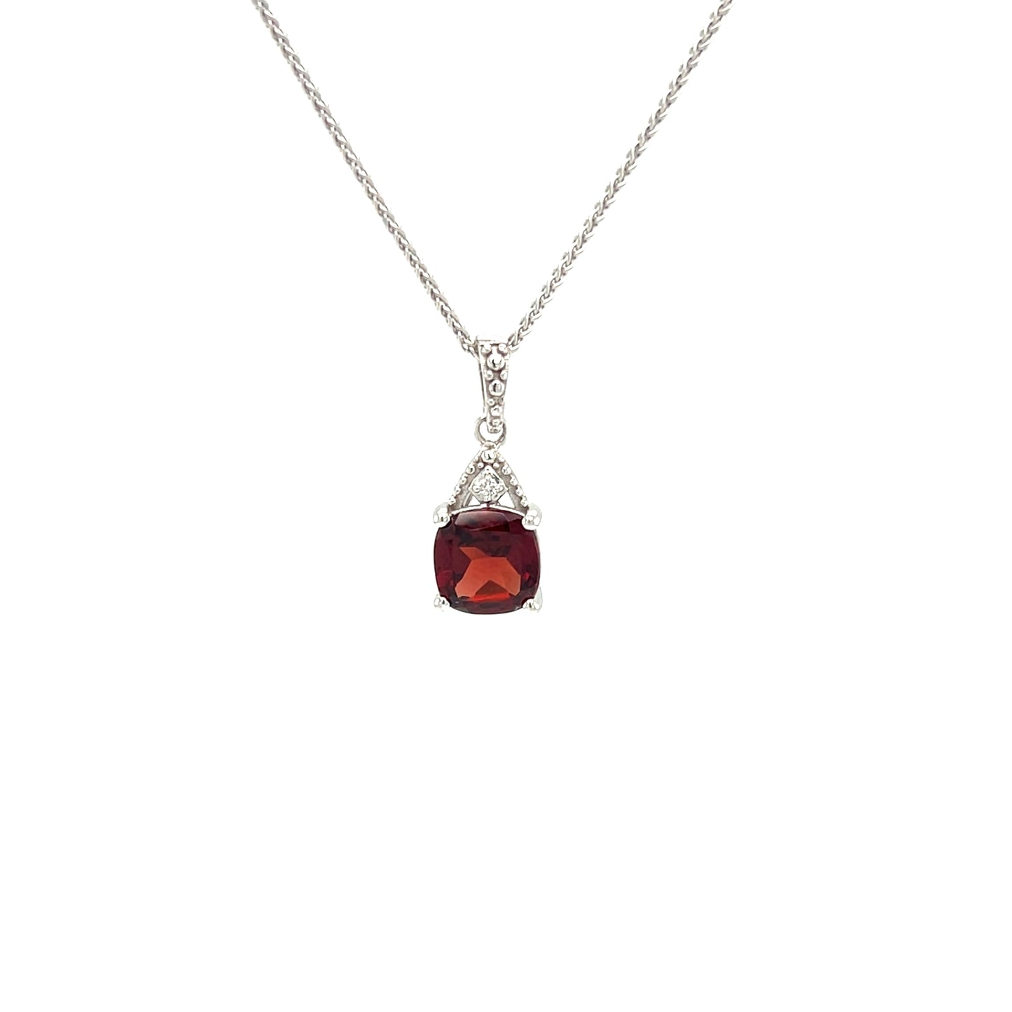 Cushion Garnet Pendant with Diamond Accent in Sterling Silver. Pendant and Chain Front View.