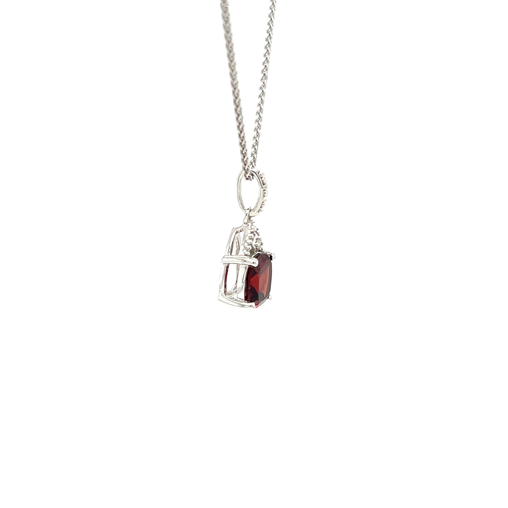Cushion Garnet Pendant with Diamond Accent in Sterling Silver. Pendant and Chain Left Side View.