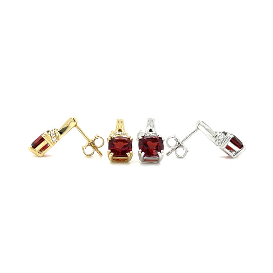 Cushion Garnet Post Earrings with Accent Diamonds in 10K Gold. Front and Side View.