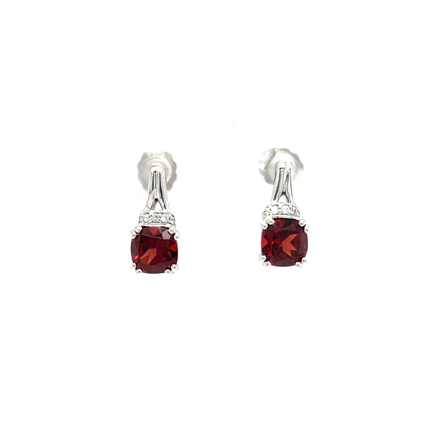 Cushion Garnet Post Earrings with Accent Diamonds in 10K White Gold. Front View.