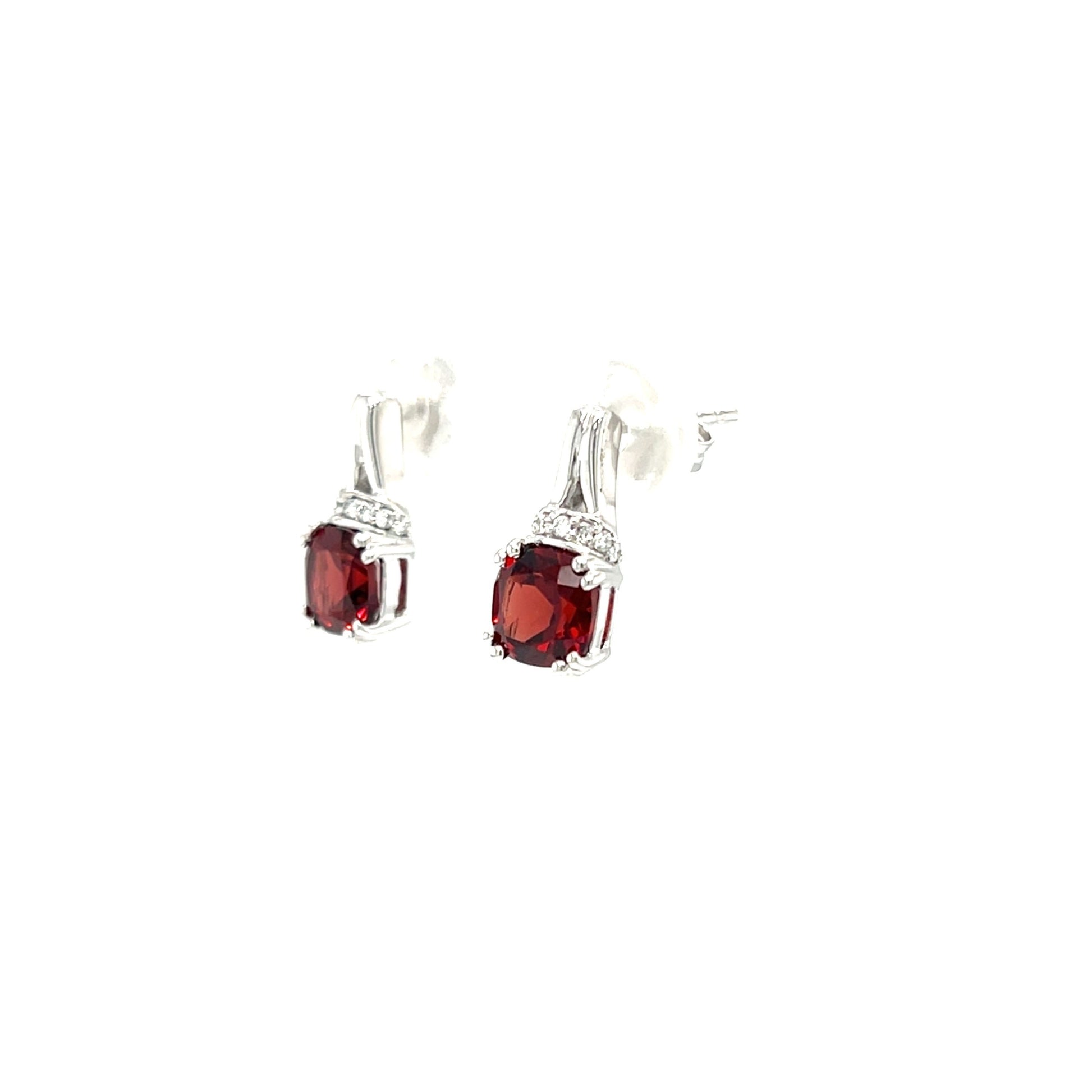 Cushion Garnet Post Earrings with Accent Diamonds in 10K White Gold. Right Side View.
