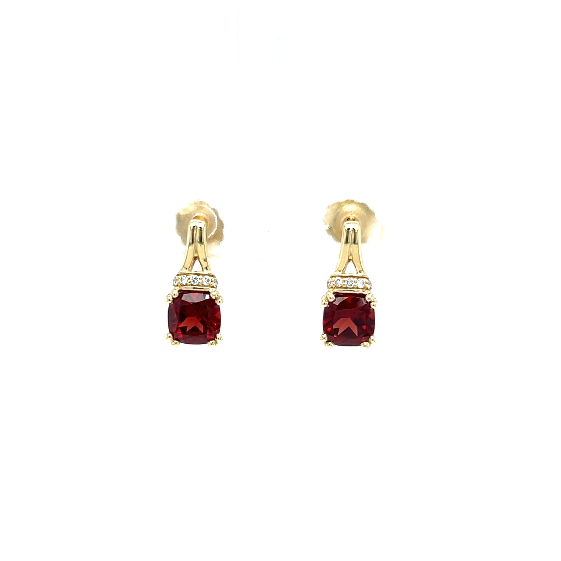 Cushion Garnet Post Earrings with Accent Diamonds in 10K Yellow Gold. Front View.