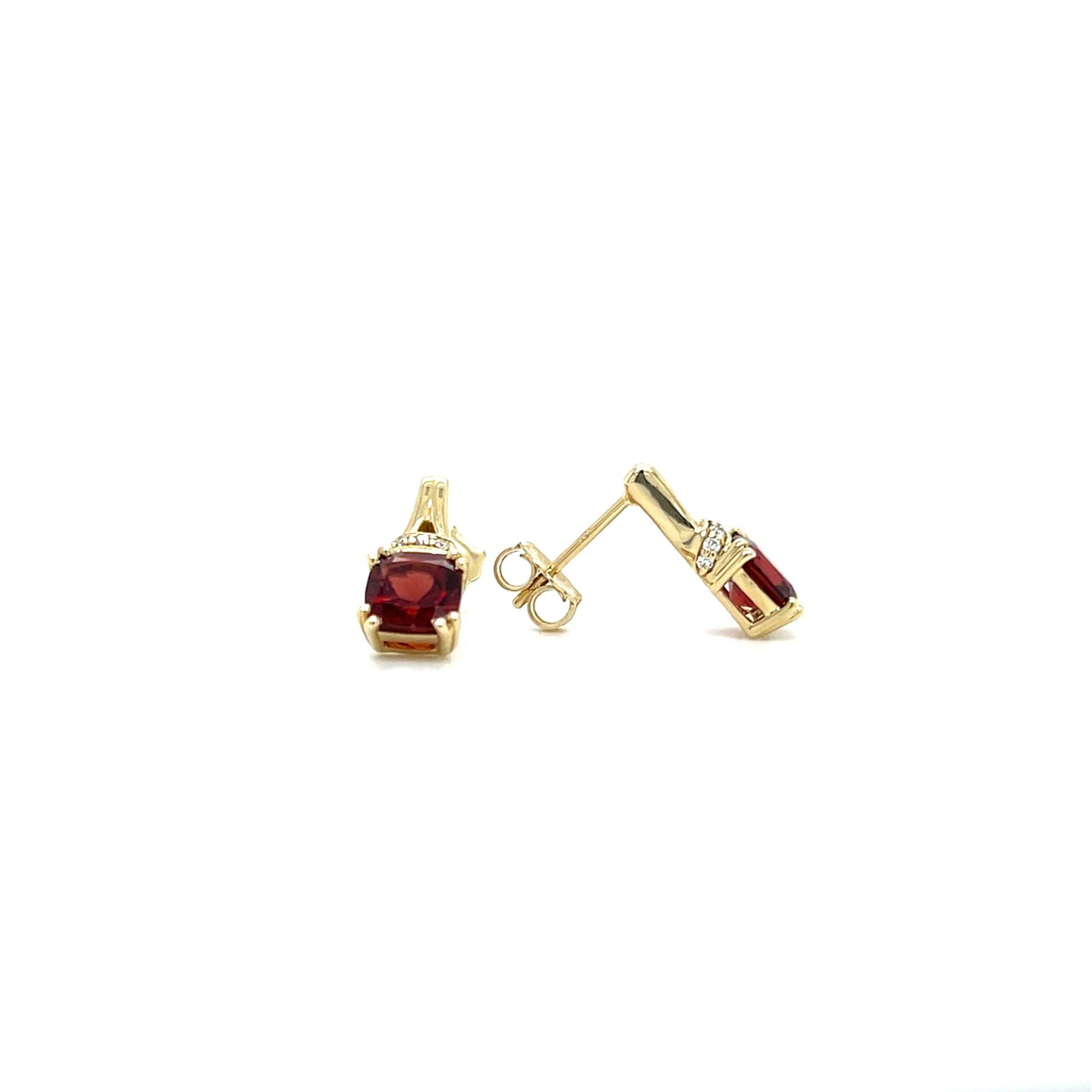 Cushion Garnet Post Earrings with Accent Diamonds in 10K Yellow Gold. Front and Side View.