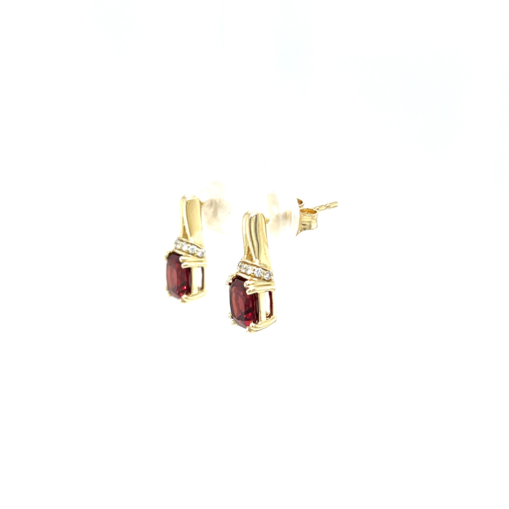 Cushion Garnet Post Earrings with Accent Diamonds in 10K Yellow Gold. Right Side View.