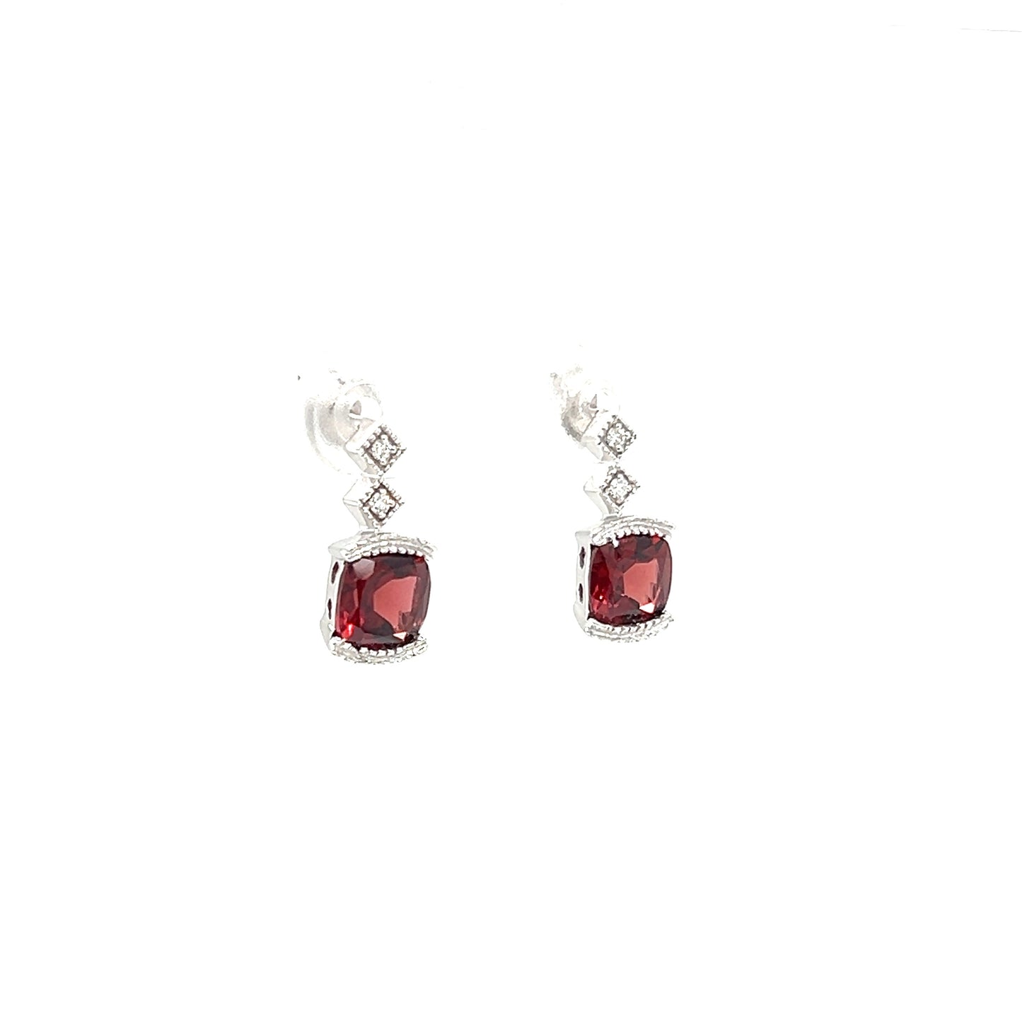Cushion Garnet Post Earrings with Accent Diamonds in 14K White Gold Left Side View