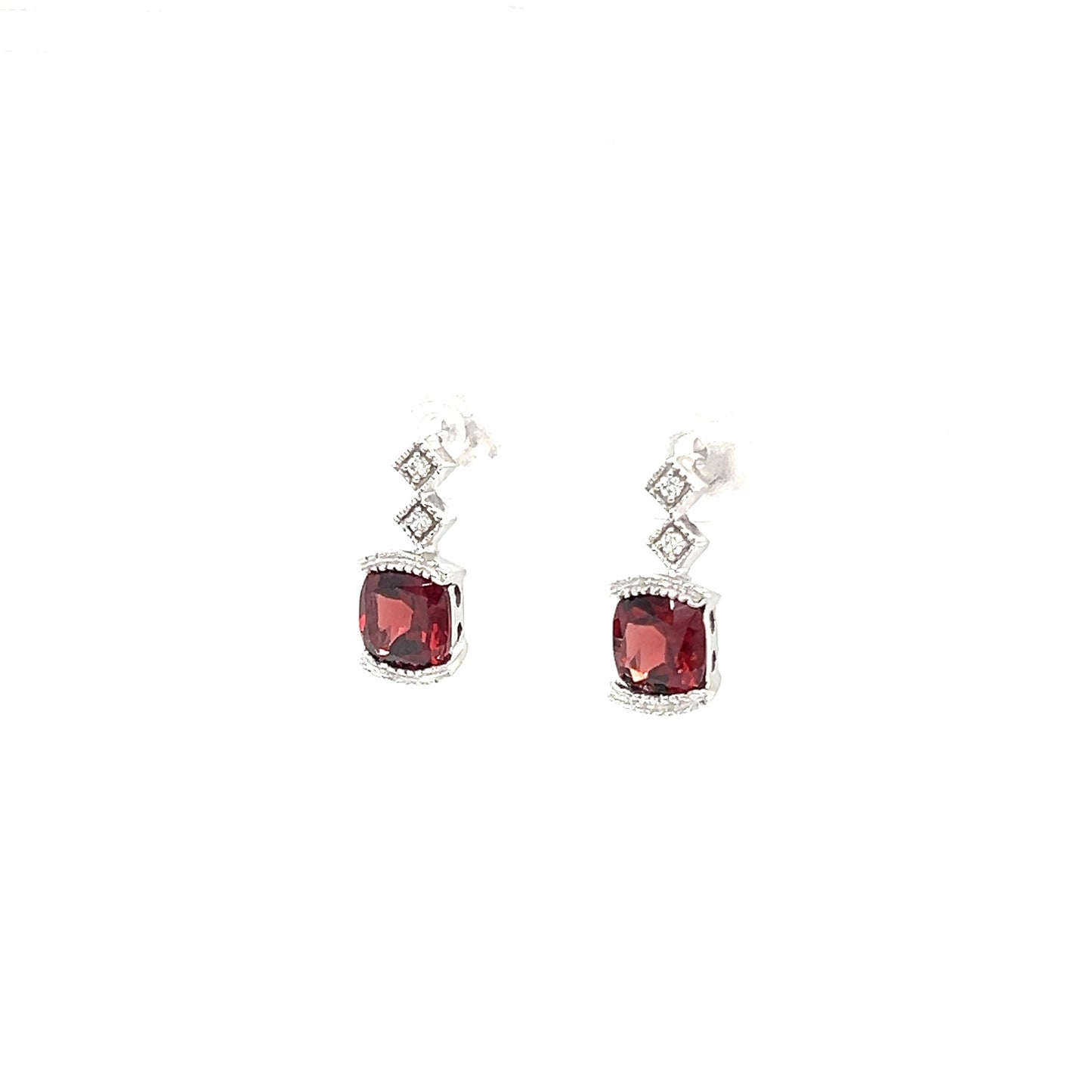 Cushion Garnet Post Earrings with Accent Diamonds in 14K White Gold Right Side View