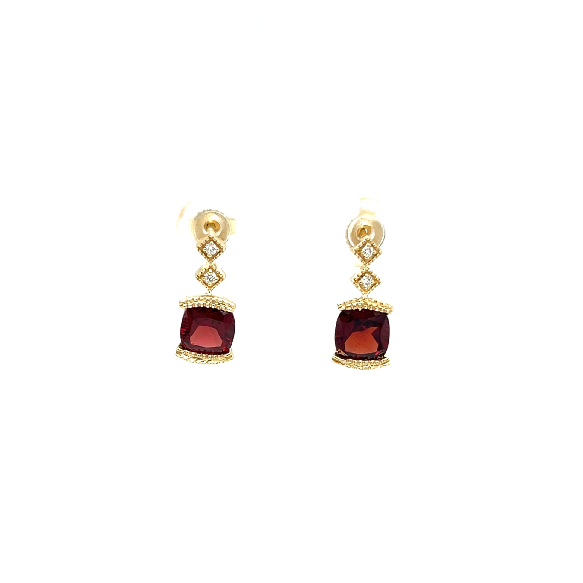 Cushion Garnet Post Earrings with Accent Diamonds in 14K Yellow Gold. Front View