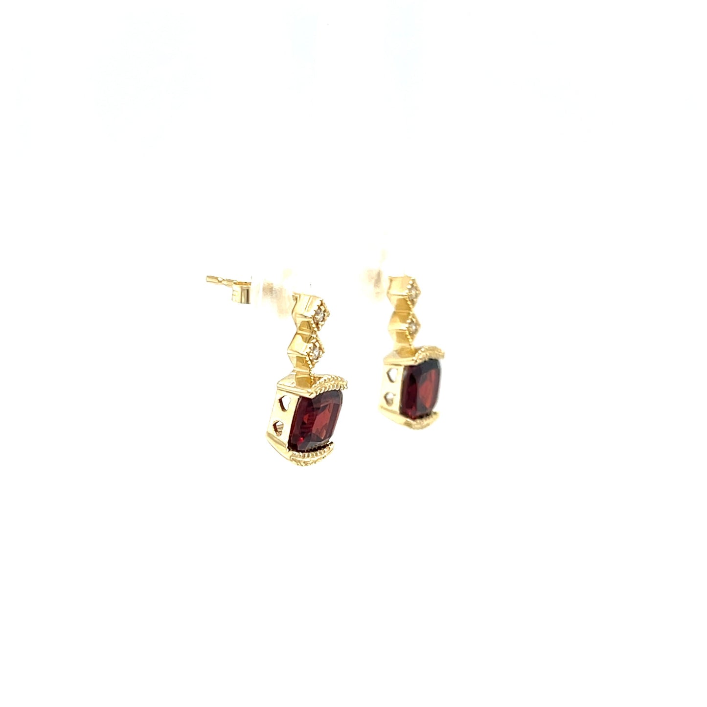 Cushion Garnet Post Earrings with Accent Diamonds in 14K Yellow Gold. Left Side View.