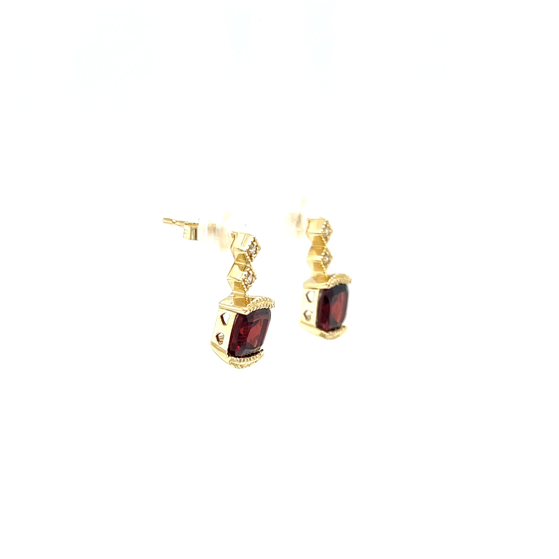 Cushion Garnet Post Earrings with Accent Diamonds in 14K Yellow Gold. Left Side View.