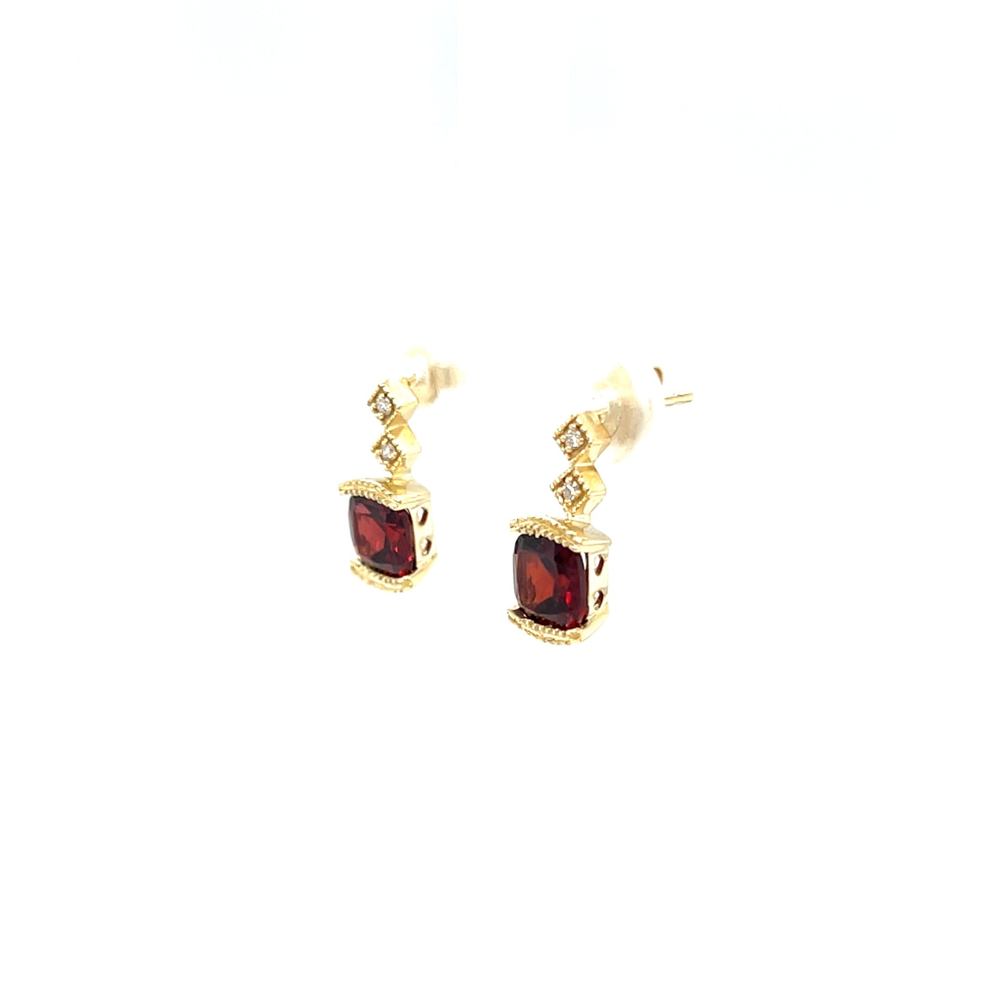 Cushion Garnet Post Earrings with Accent Diamonds in 14K Yellow Gold. Right Side View.