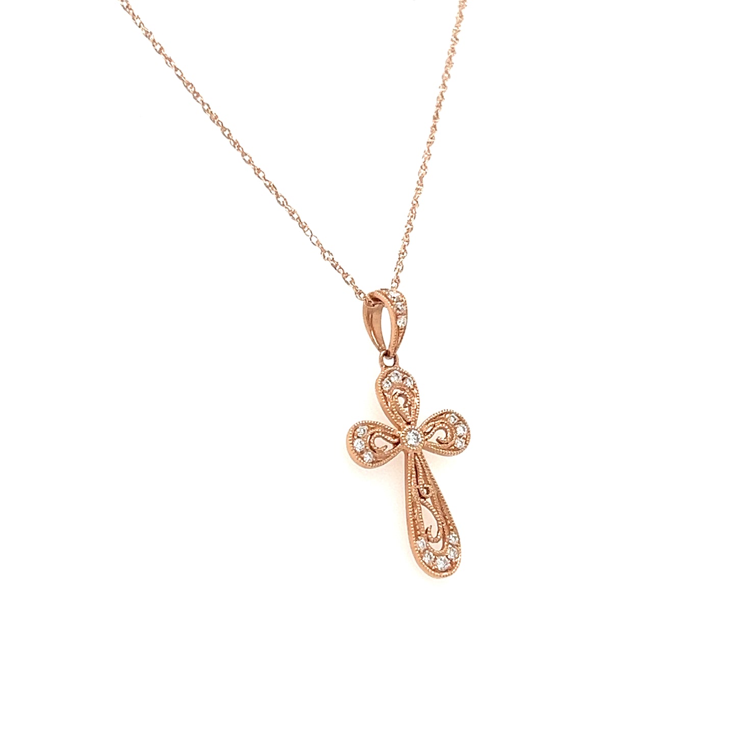 Diamond Cross Necklace with Milgrain Details in 14K Rose Gold.  Left Side View