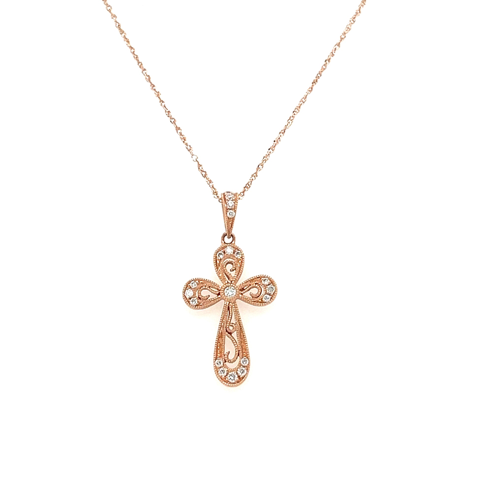 Diamond Cross Necklace with Milgrain Details in 14K Rose Gold. Front View