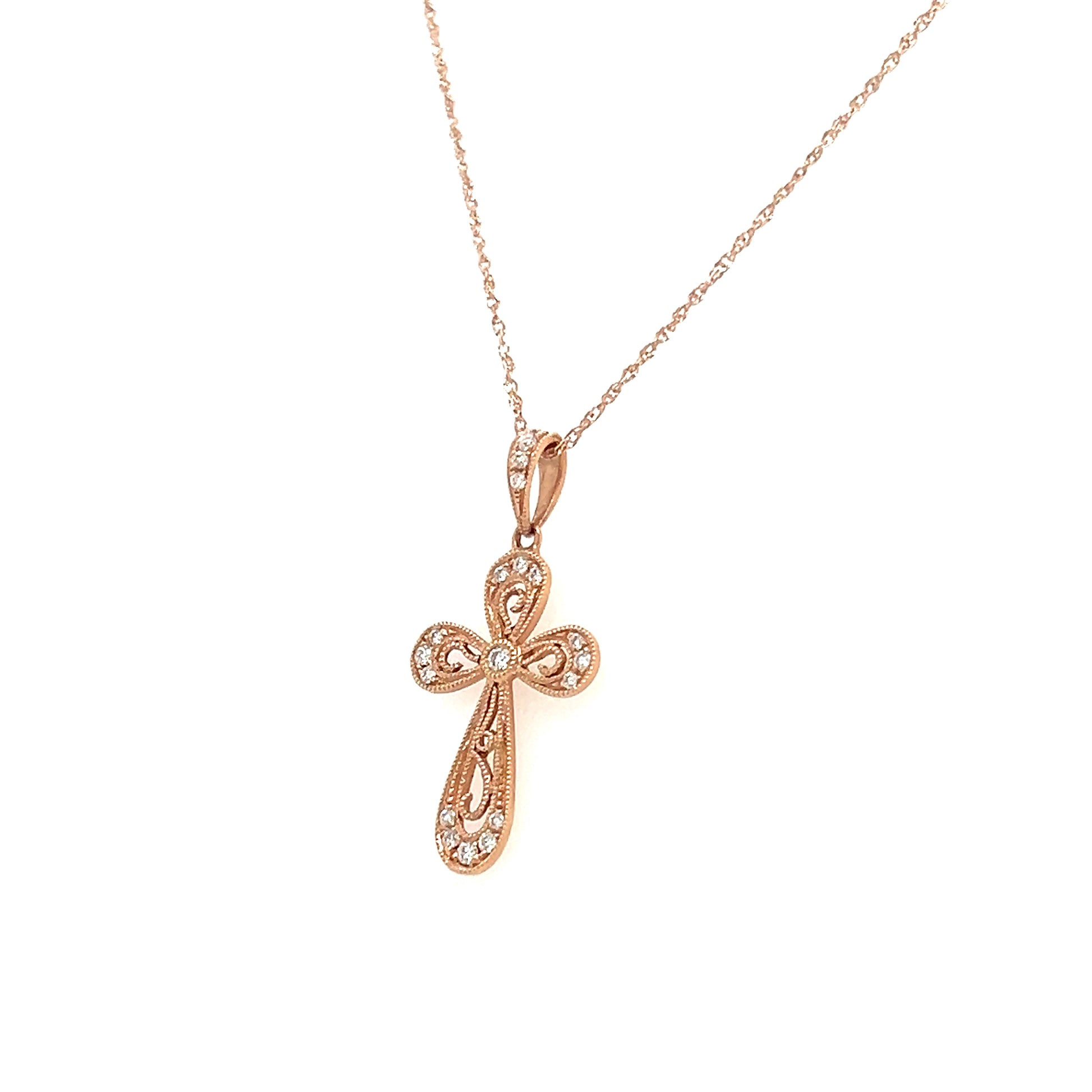 Diamond Cross Necklace with Milgrain Details in 14K Rose Gold. Right Side View