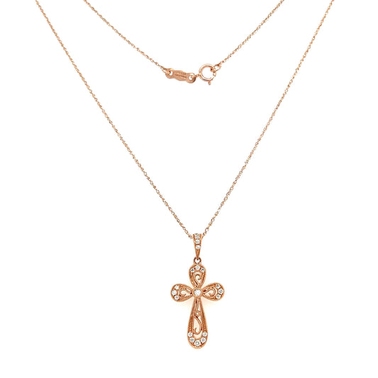 Diamond Cross Necklace with Milgrain Details in 14K Rose Gold Full Necklace Front View