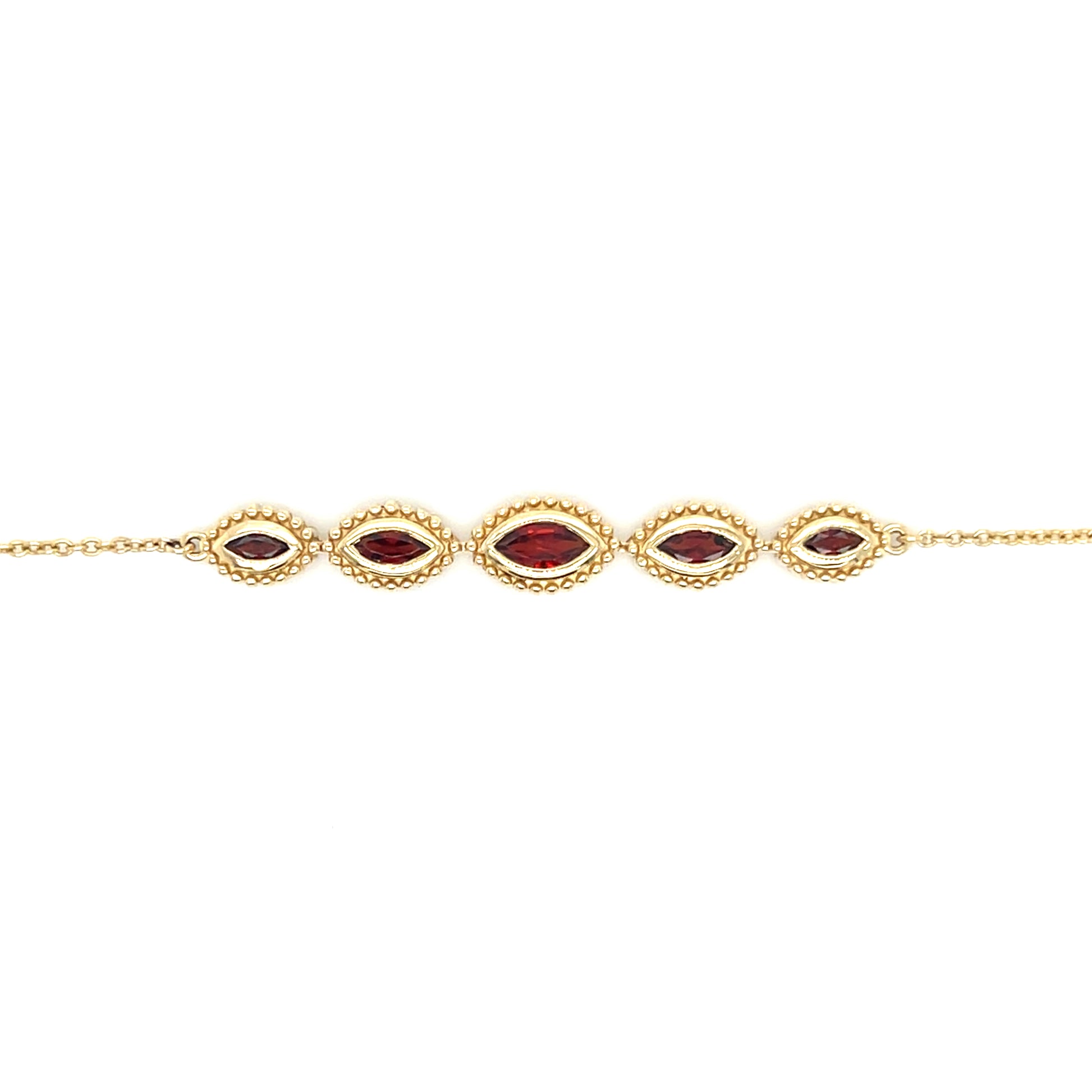 Five Stone Garnet Bracelet with 0.5ctw of Garnet in 14K Yellow Gold. Front View