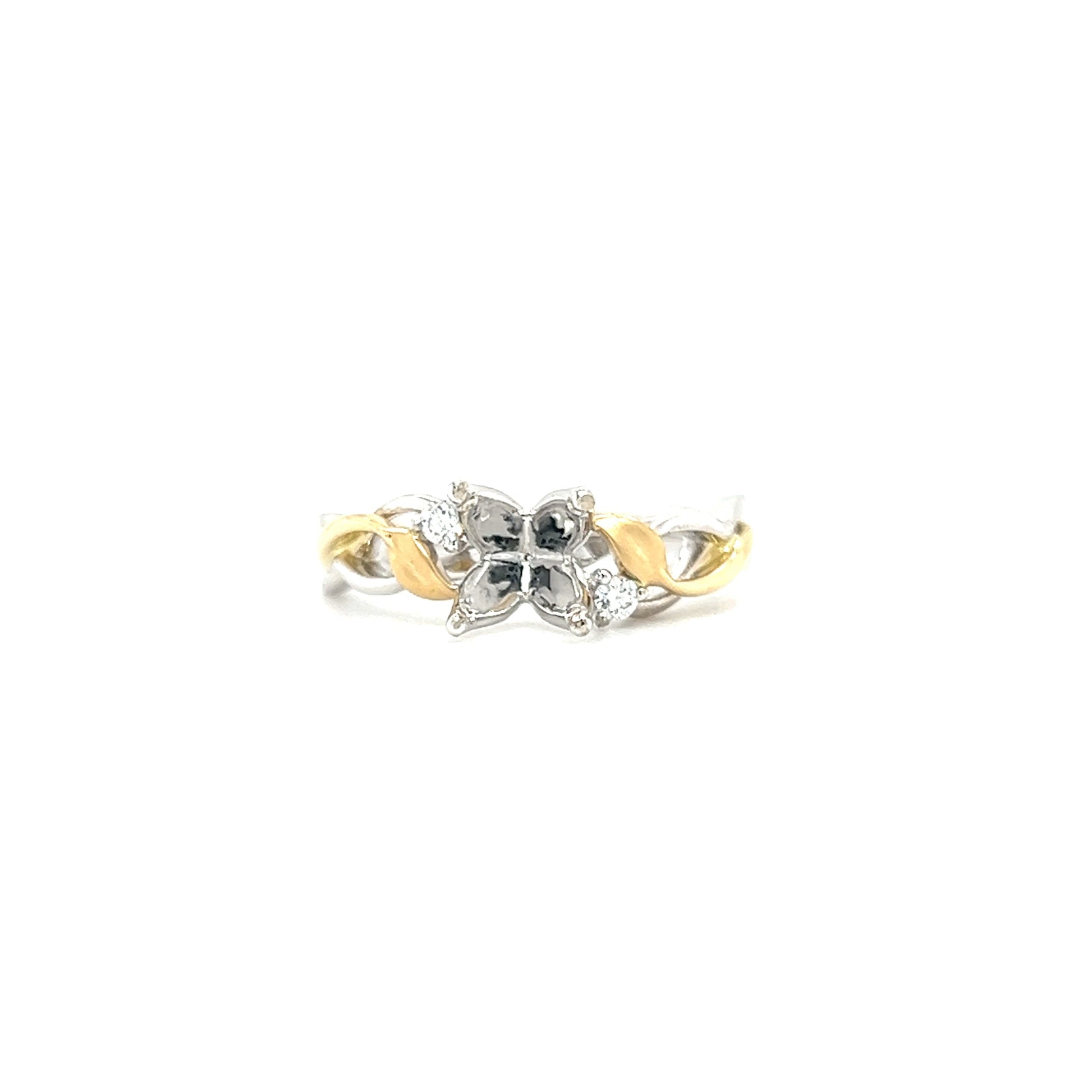 Intertwined Ring Setting with Two Diamond Accents in 14K White and Yellow Gold. Front View.