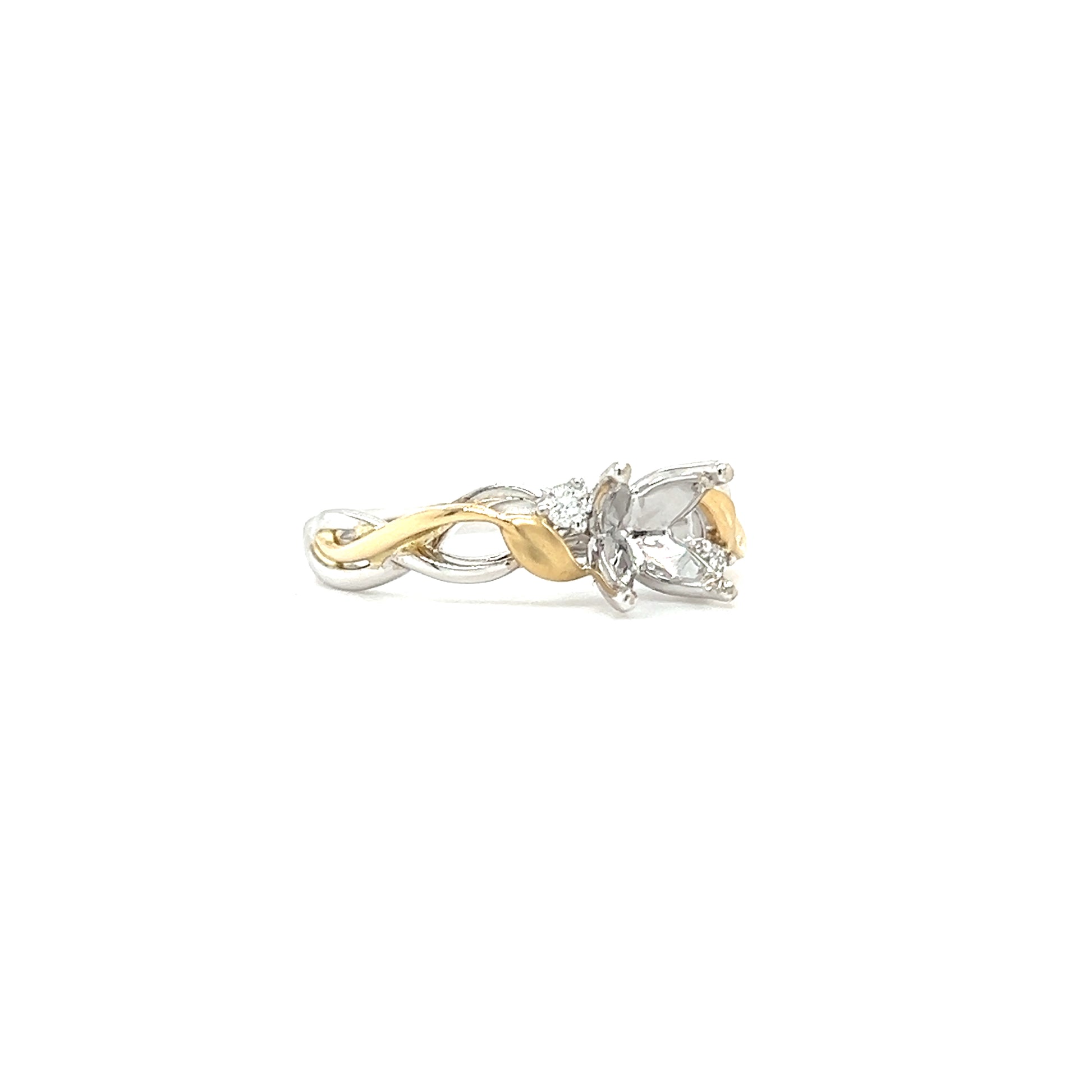 Intertwined Ring Setting with Two Diamond Accents in 14K White and Yellow Gold. Left Side View.