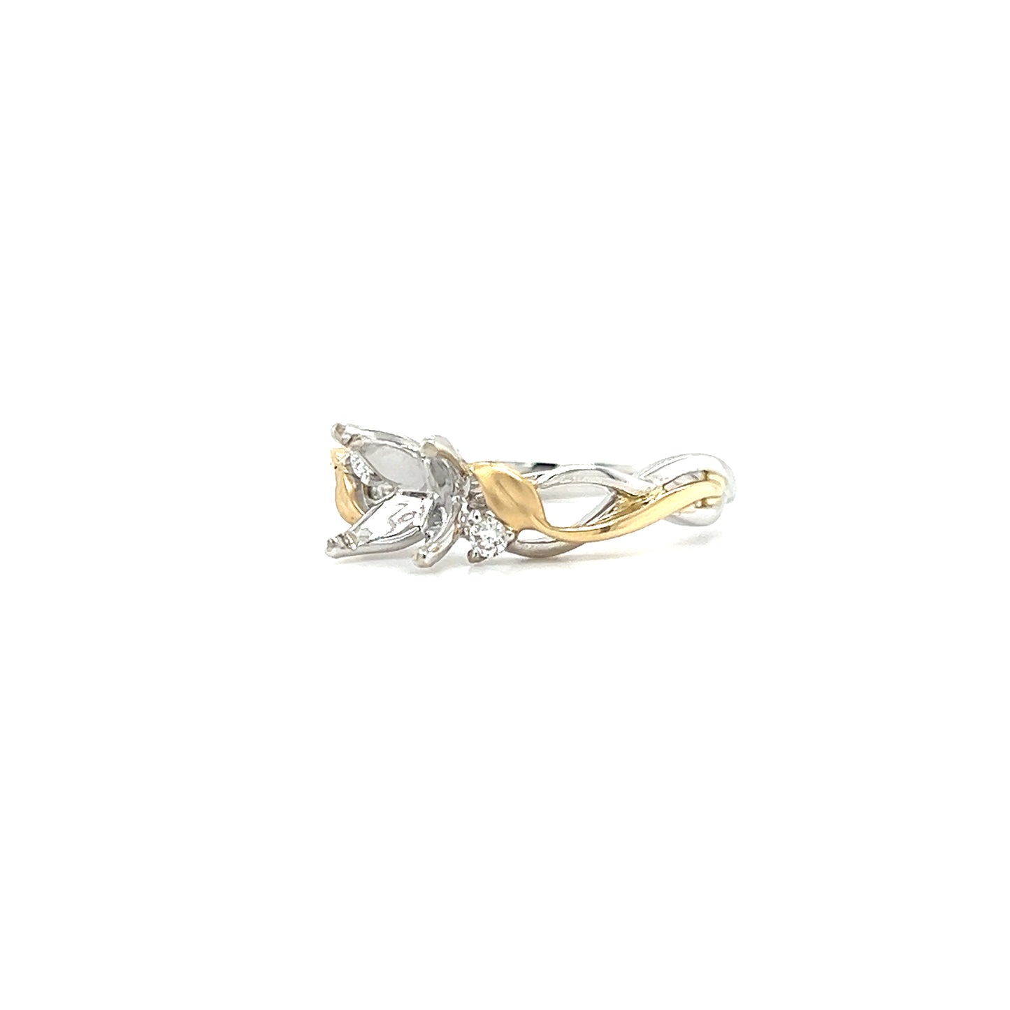 Intertwined Ring Setting with Two Diamond Accents in 14K White and Yellow Gold. Right Side View.