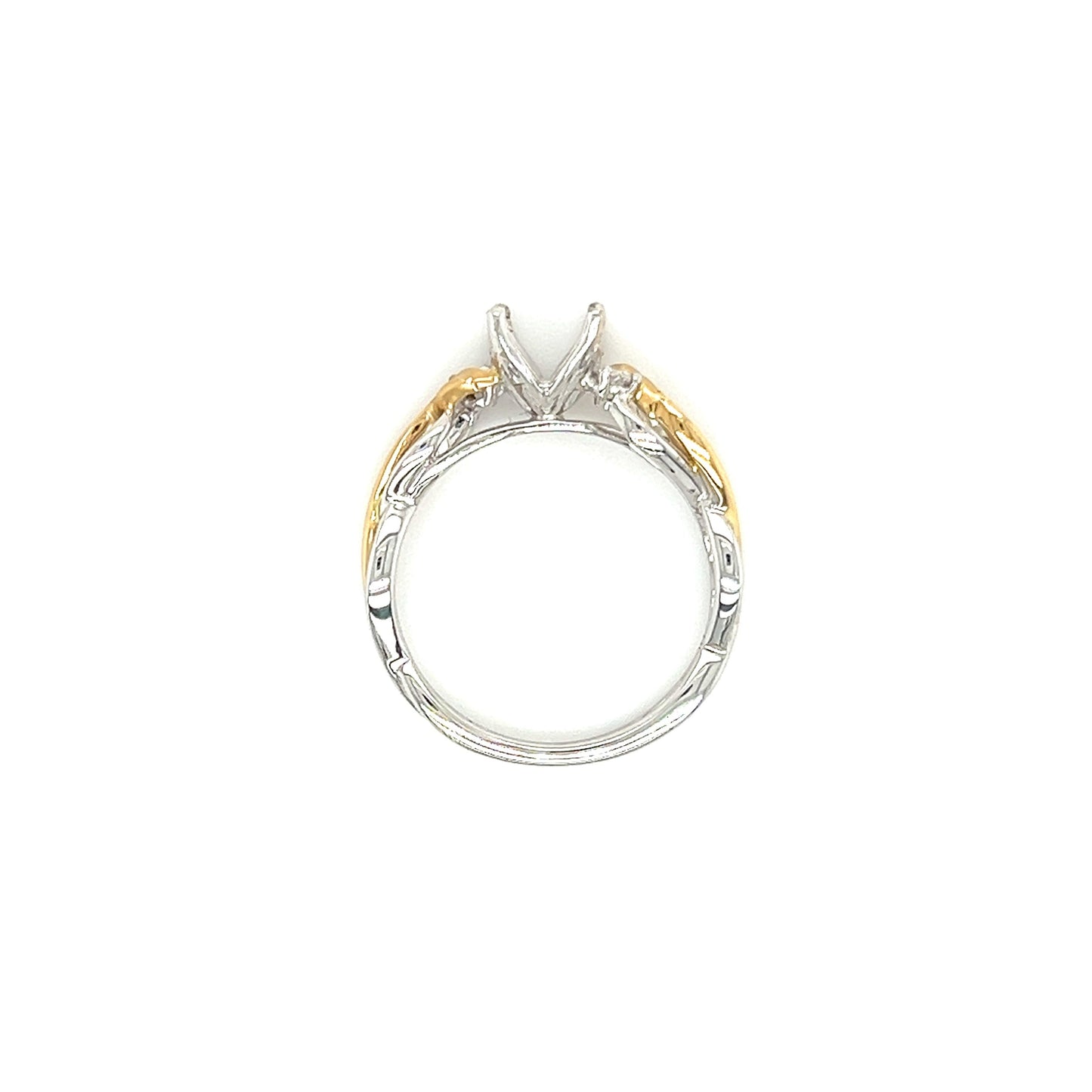 Intertwined Ring Setting with Two Diamond Accents in 14K White and Yellow Gold. Top View