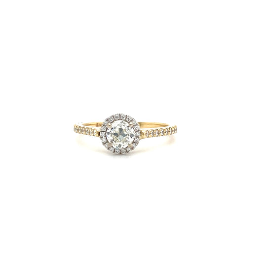 Old Mine Brilliant Diamond Ring with Diamond Halo in 14K Yellow and White Gold. Front View