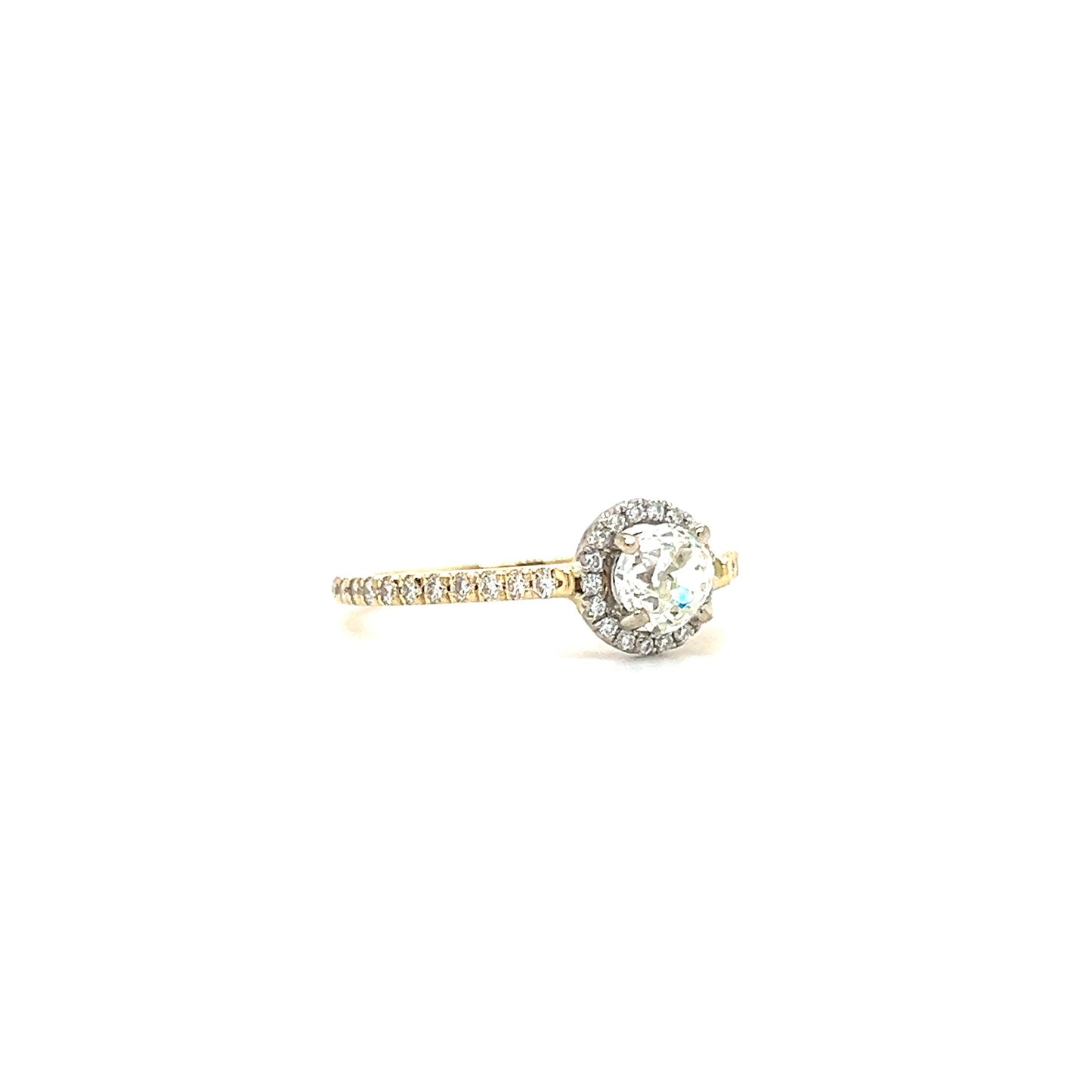 Old Mine Brilliant Diamond Ring with Diamond Halo in 14K Yellow and White Gold. Left Side View.