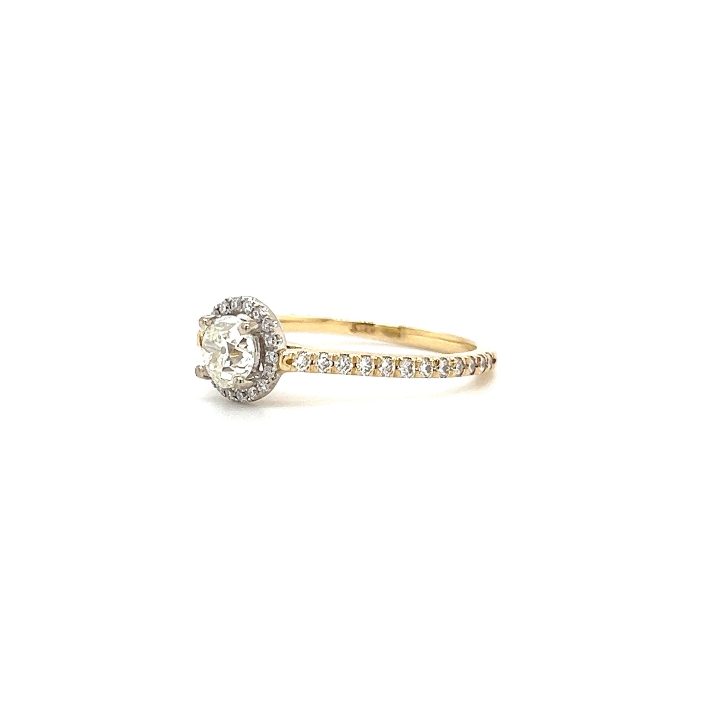 Old Mine Brilliant Diamond Ring with Diamond Halo in 14K Yellow and White Gold. Right Side View.