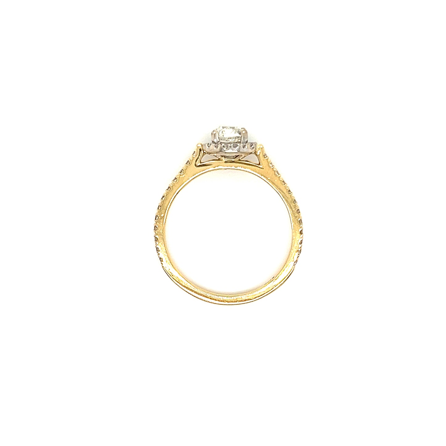 Old Mine Brilliant Diamond Ring with Diamond Halo in 14K Yellow and White Gold. Top View.