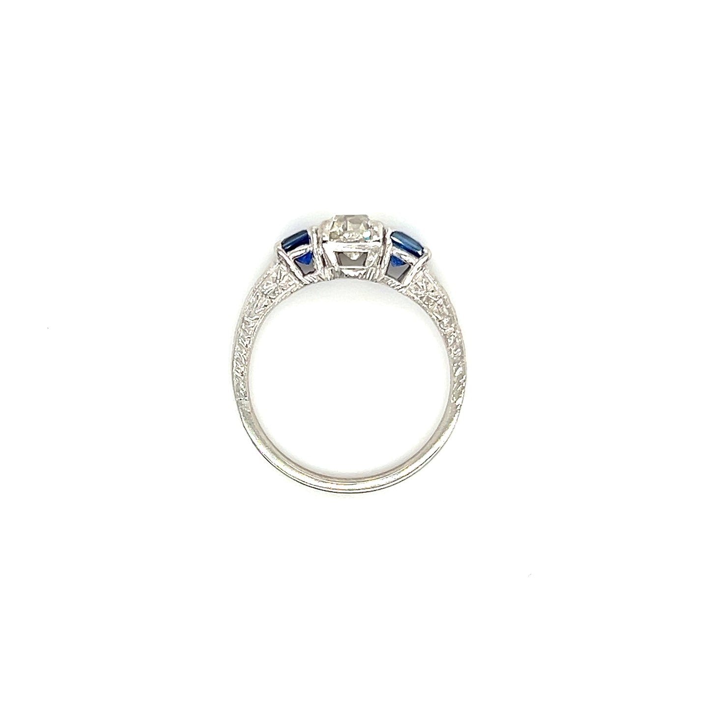 Old Mine Brilliant Diamond Ring with Two Ceylon Sapphires in Platinum. Top View.