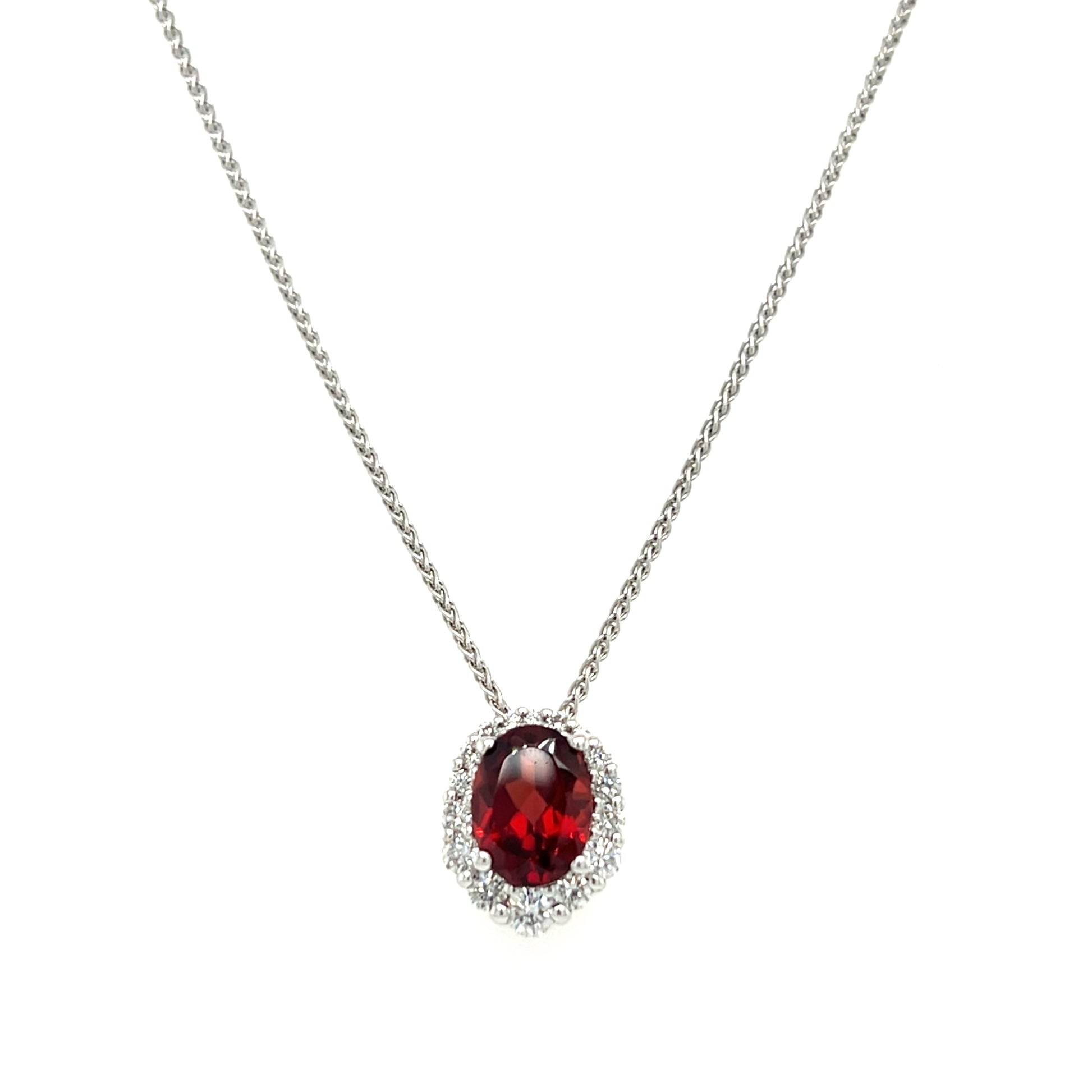 Oval Garnet Slide Pendant with Diamond Halo in 14K White Gold. Pendant and Chain Front View.