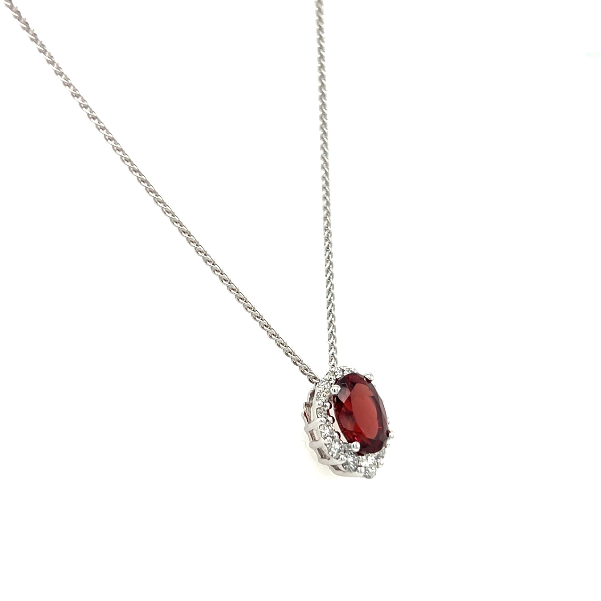 Oval Garnet Slide Pendant with Diamond Halo in 14K White Gold. Pendant and Chain Left Side View.