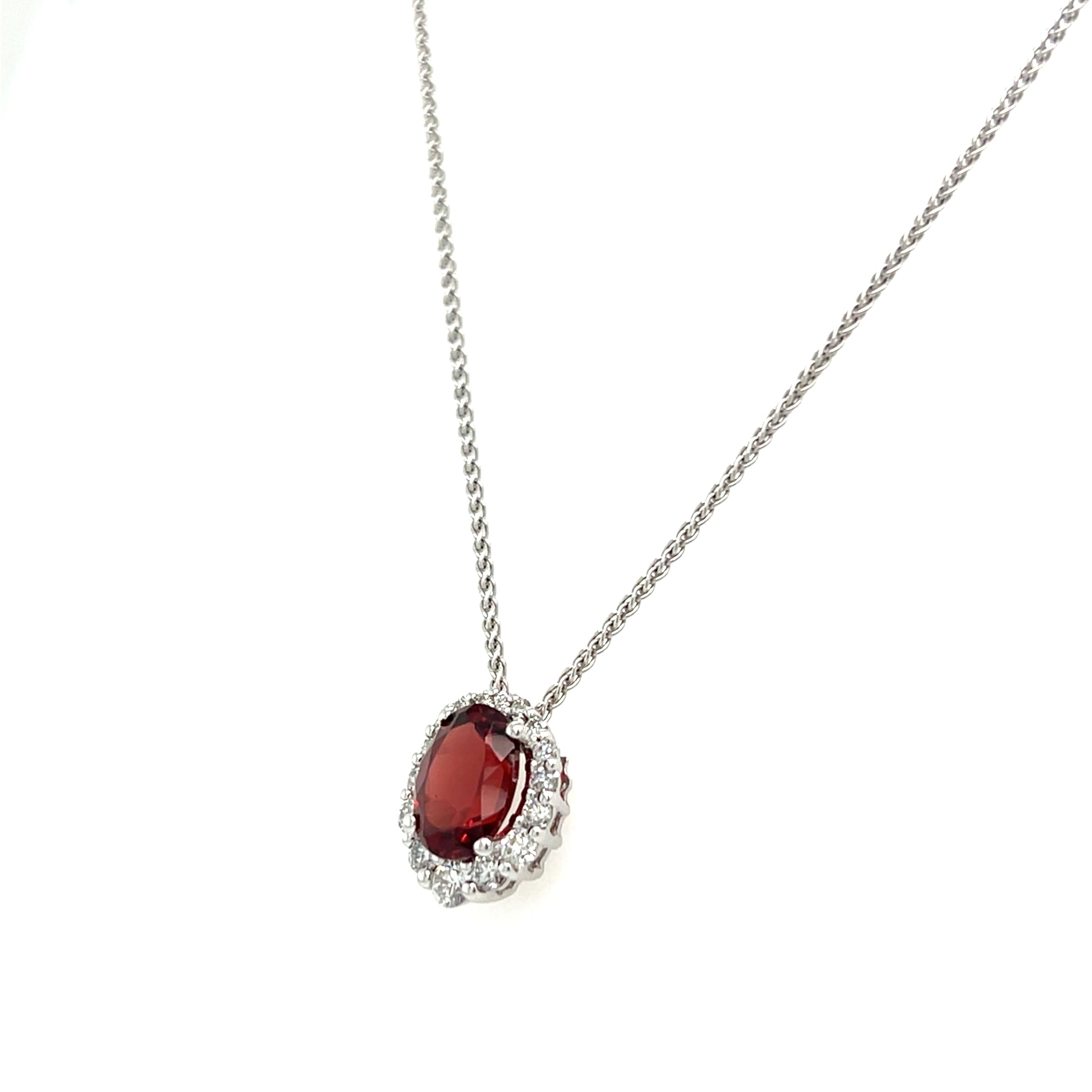 Oval Garnet Slide Pendant with Diamond Halo in 14K White Gold. Pendant and Chain Right Side View.
