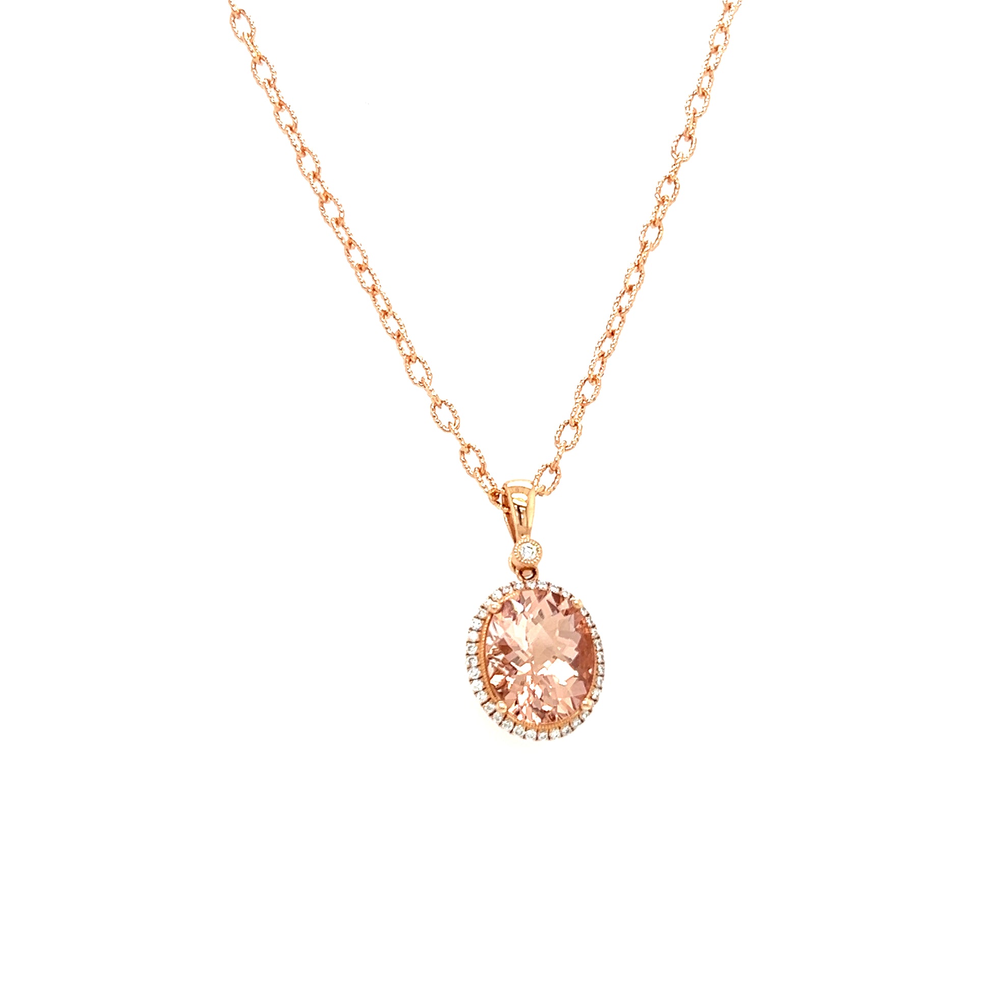 Oval Morganite Necklace with Diamond Halo in 14K Rose Gold. Left Side View