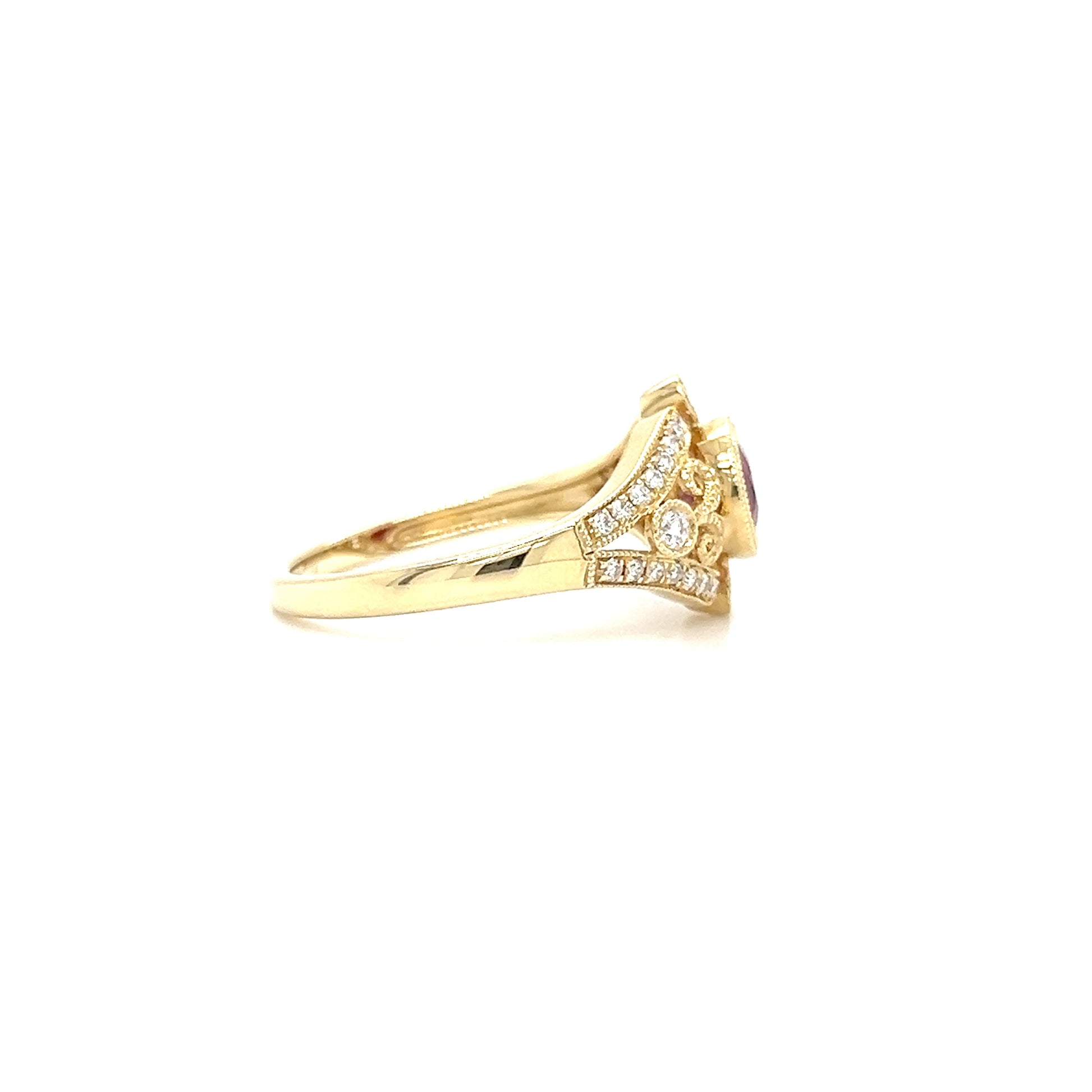 Oval Ruby Ring with Side Diamonds and Filigree in 14K Yellow Gold Left Profile