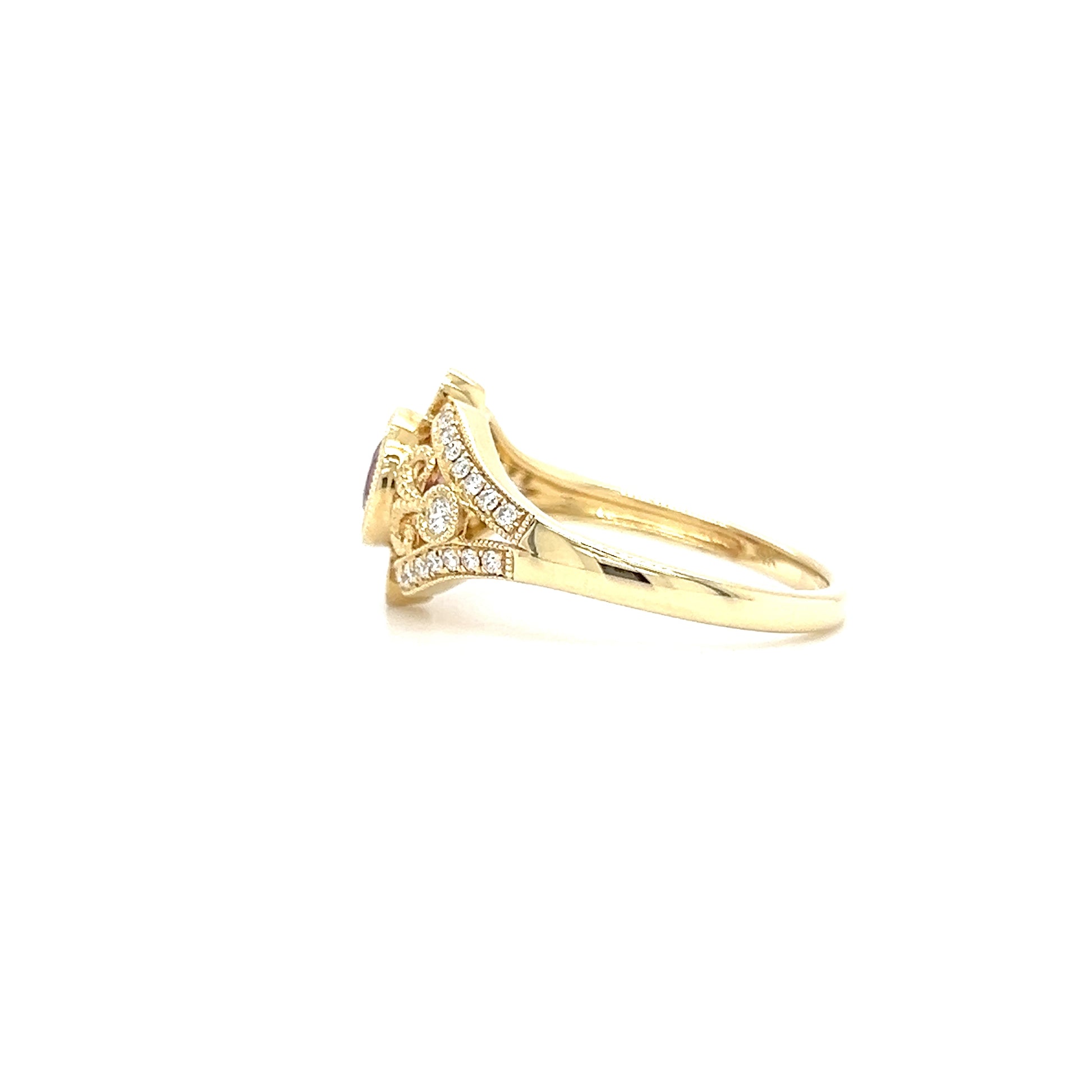 Oval Ruby Ring with Side Diamonds and Filigree in 14K Yellow Gold Right Profile 