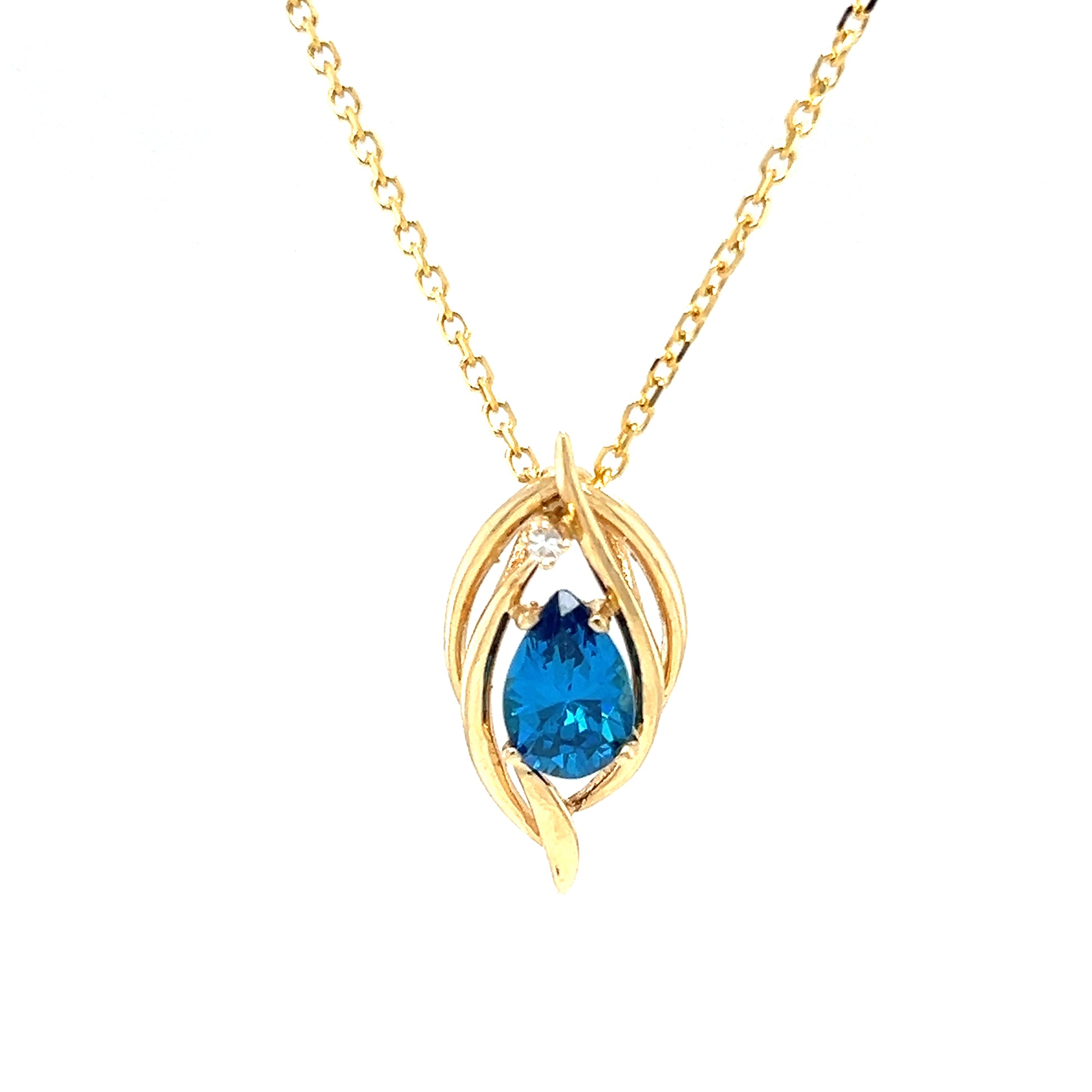 Pear Blue Topaz Slide Pendant with Diamond Accent in 14K Yellow Gold. Front View.