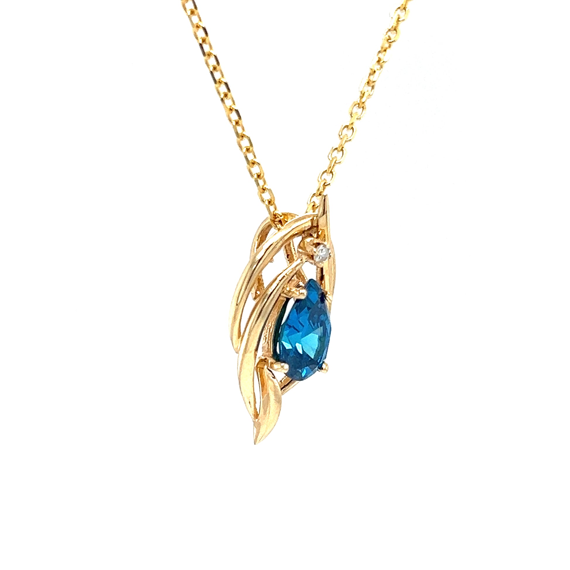 Pear Blue Topaz Slide Pendant with Diamond Accent in 14K Yellow Gold. Pendant and Chain Left Side View.