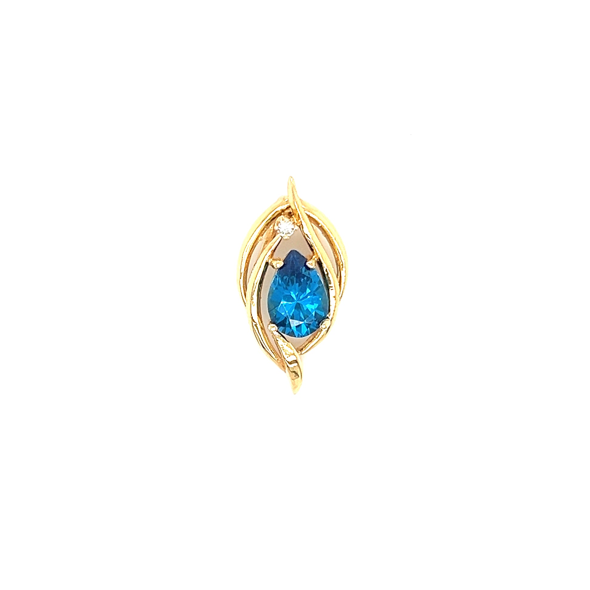 Pear Blue Topaz Slide Pendant with Diamond Accent in 14K Yellow Gold. Pendant View.