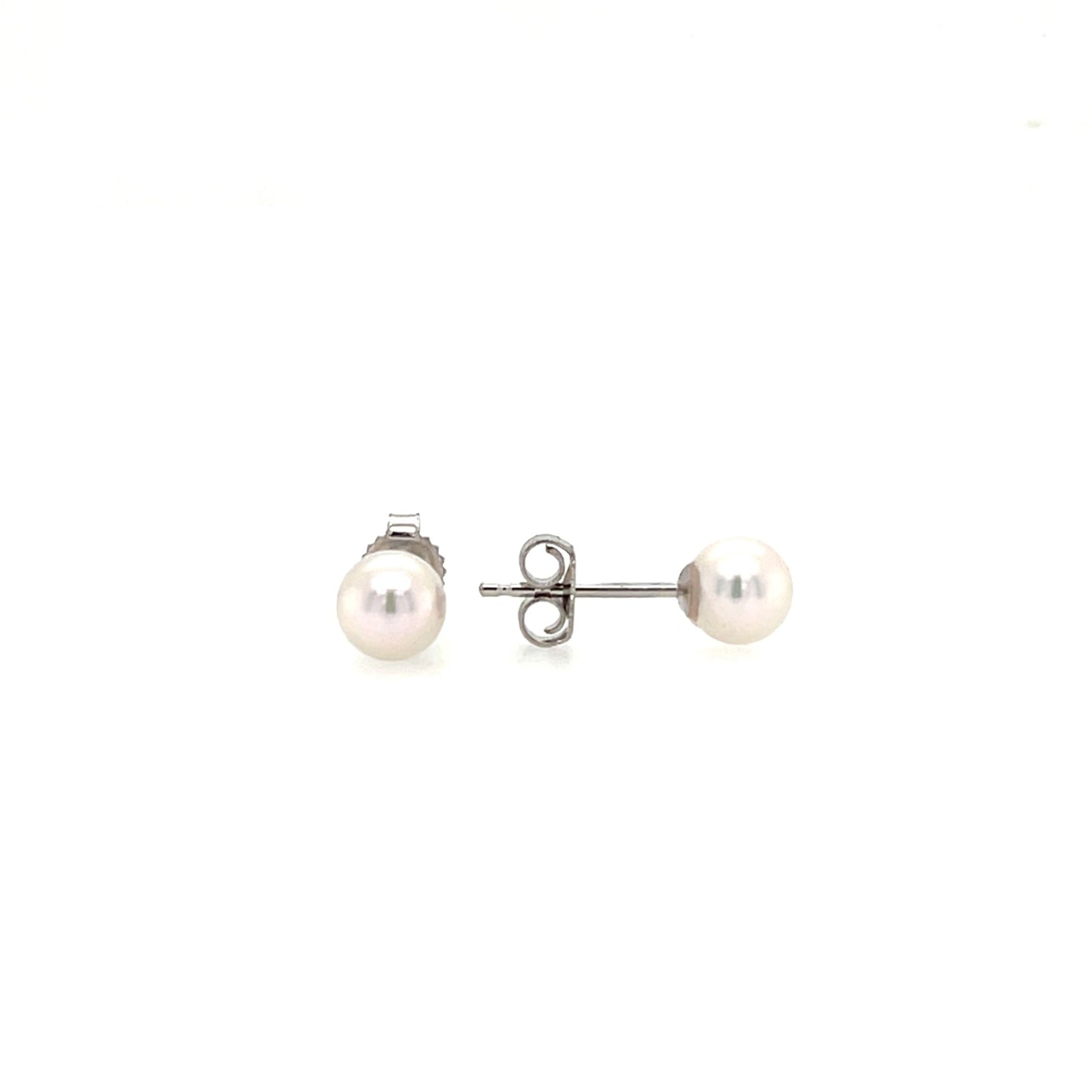 Pearl 5mm Stud Earrings in 14K White Gold. Front and Side View.