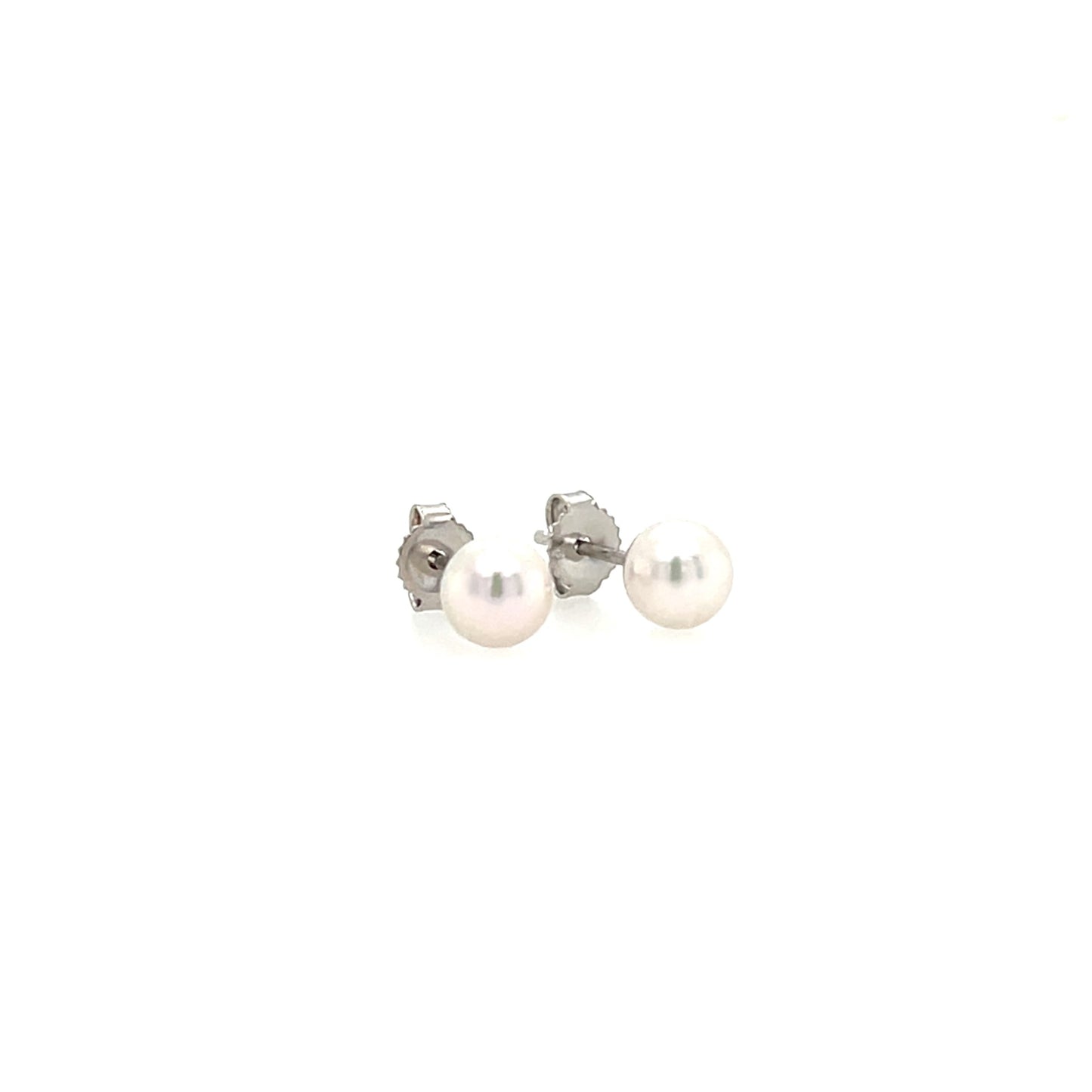 Pearl 5mm Stud Earrings in 14K White Gold. Left Side View.